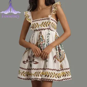 Women's Summer Mini A-Line Dress Ruffle Sleeveless Square Neck Short Flowy Dress Bohemian Dress