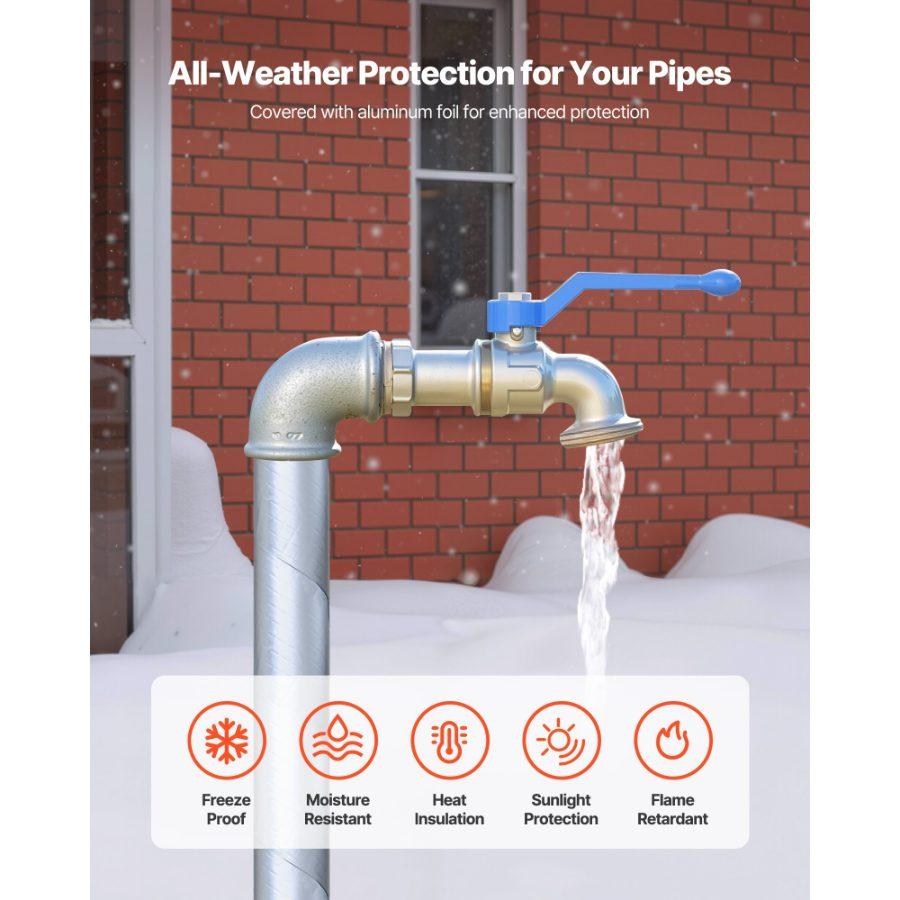 VEVOR Pipe Insulation Wrap, 32.8 FTx 2-inch Pipe Insulation Tape with Aluminum Foil Layer, Self-Adhesive Foam and Foil Pipes Wrap for Freeze Protection, Heat Cold Resistant for Outdoor Indoor Use