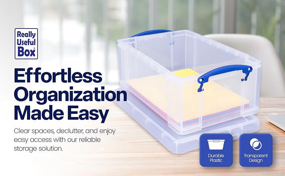 Really Useful Box Stackable 9 Liter Plastic Storage Container Bin with Snap Lid and Built-In Clip Lock Handles for Home & Office Organization (4 Pack)