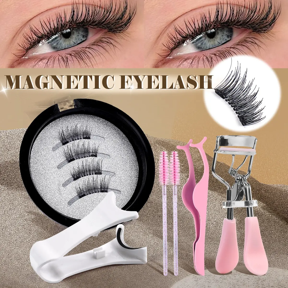 MAANGE Magnetic False Eyelashes Set, Includes Lash Holder, Curler, Tweezers, 2 Brow Brushes, Perfect for Makeup Enthusiasts, Eye Makeup Accessories