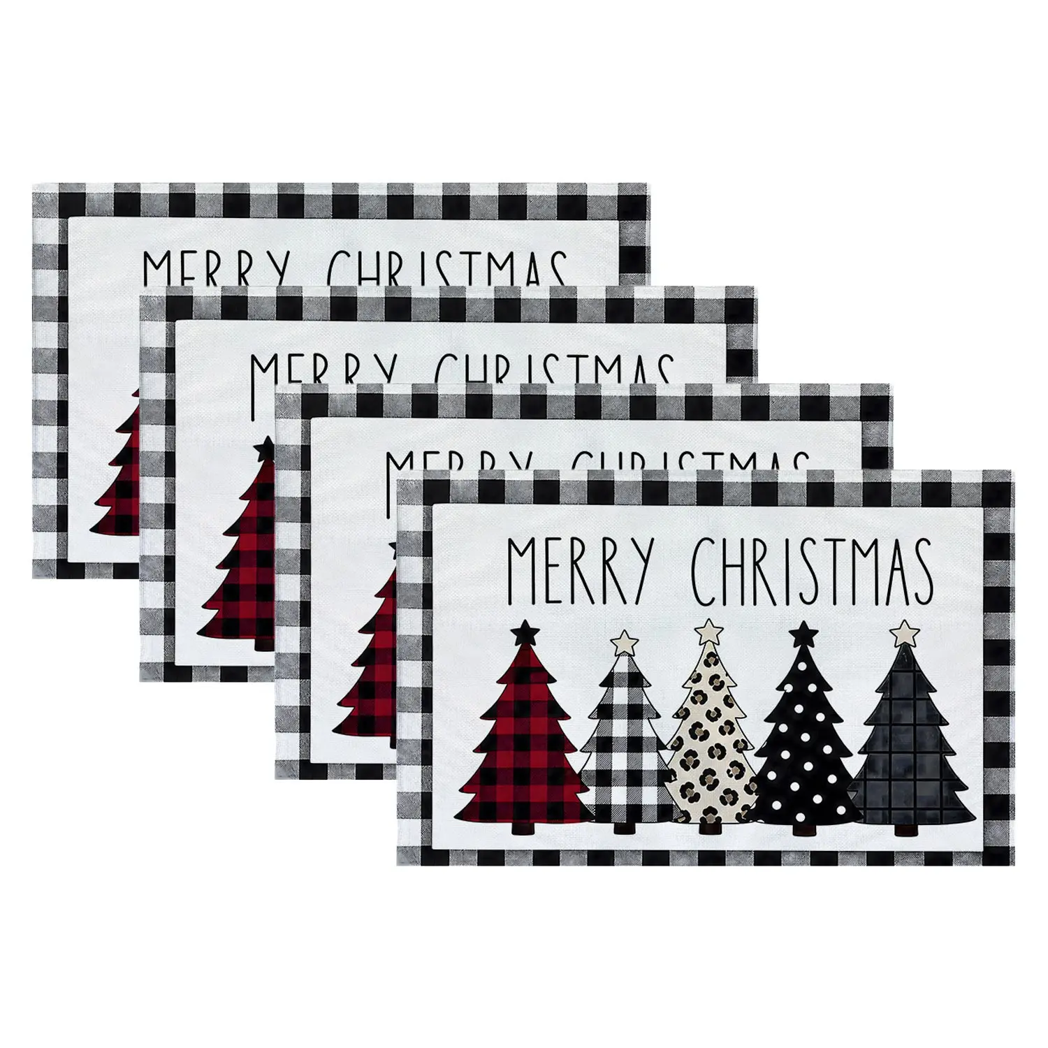 4/6 Pcs Buffalo Plaid Leopard Xmas Trees Placemats, Merry Christmas Kitchen Dining Decor, Holiday Home Party Decorations
