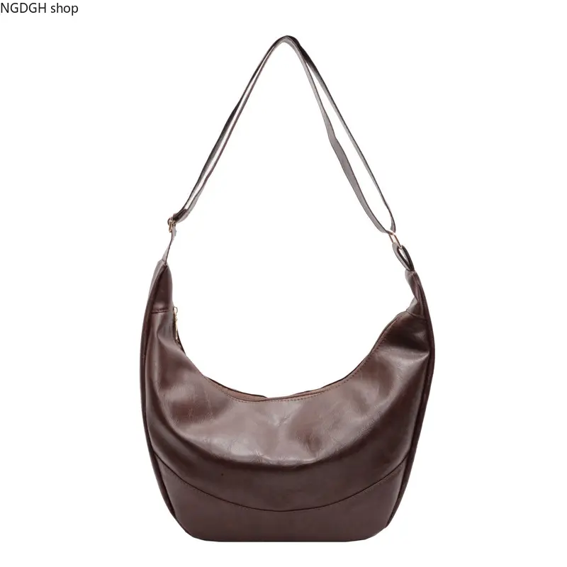 Women's Slouchy Crescent Shoulder Bag in Brown Faux Leather, Large Hobo Everyday Bag with Adjustable Strap for Casual Outings, Purse Shoulder Bag
