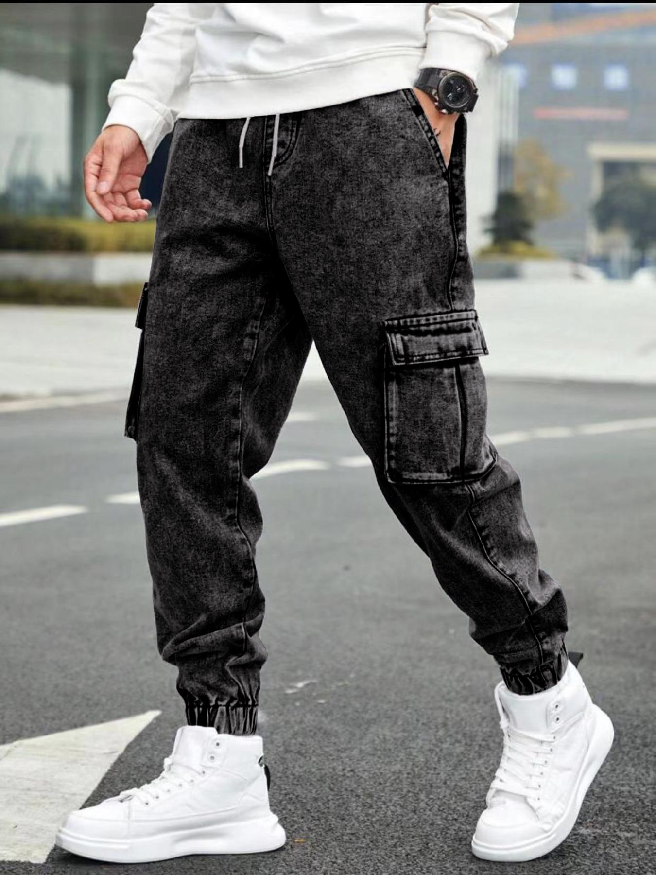 Men's Solid Flap-Pocket Cargo Jeans, Regular Fit Street Fashion Denim Trousers for Daily Wear, Men's Bottoms for All Seasons