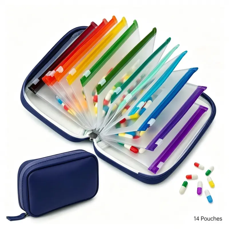 1 Set A8 Water Resistant Pill Storage Kit, 14 Color Labeled Reusable Zipper Medicine Bags, Spacious Weekly Travel Medication Pouches to Hold Vitamins, Fish Oil and Various Daily Supplements