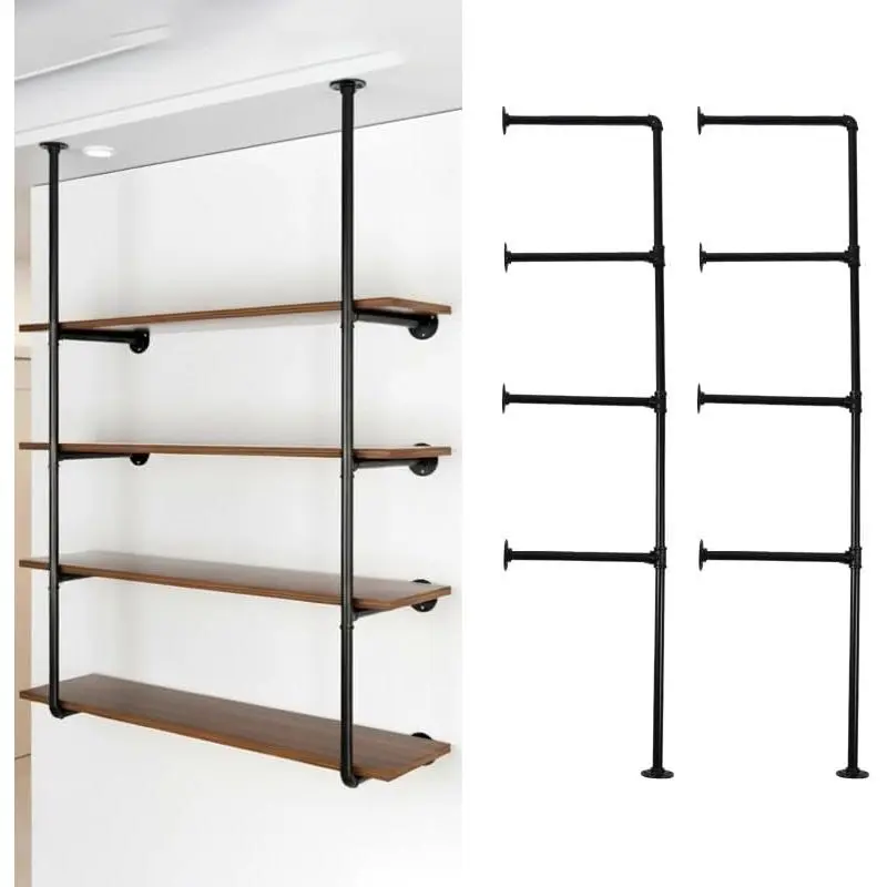 Industrial Pipe Shelving System with 4 Tiers, Black Iron Wall Mount, Floor to Ceiling Storage Rack, Rustic  Style, DIY Bracket Supports (No Planks)