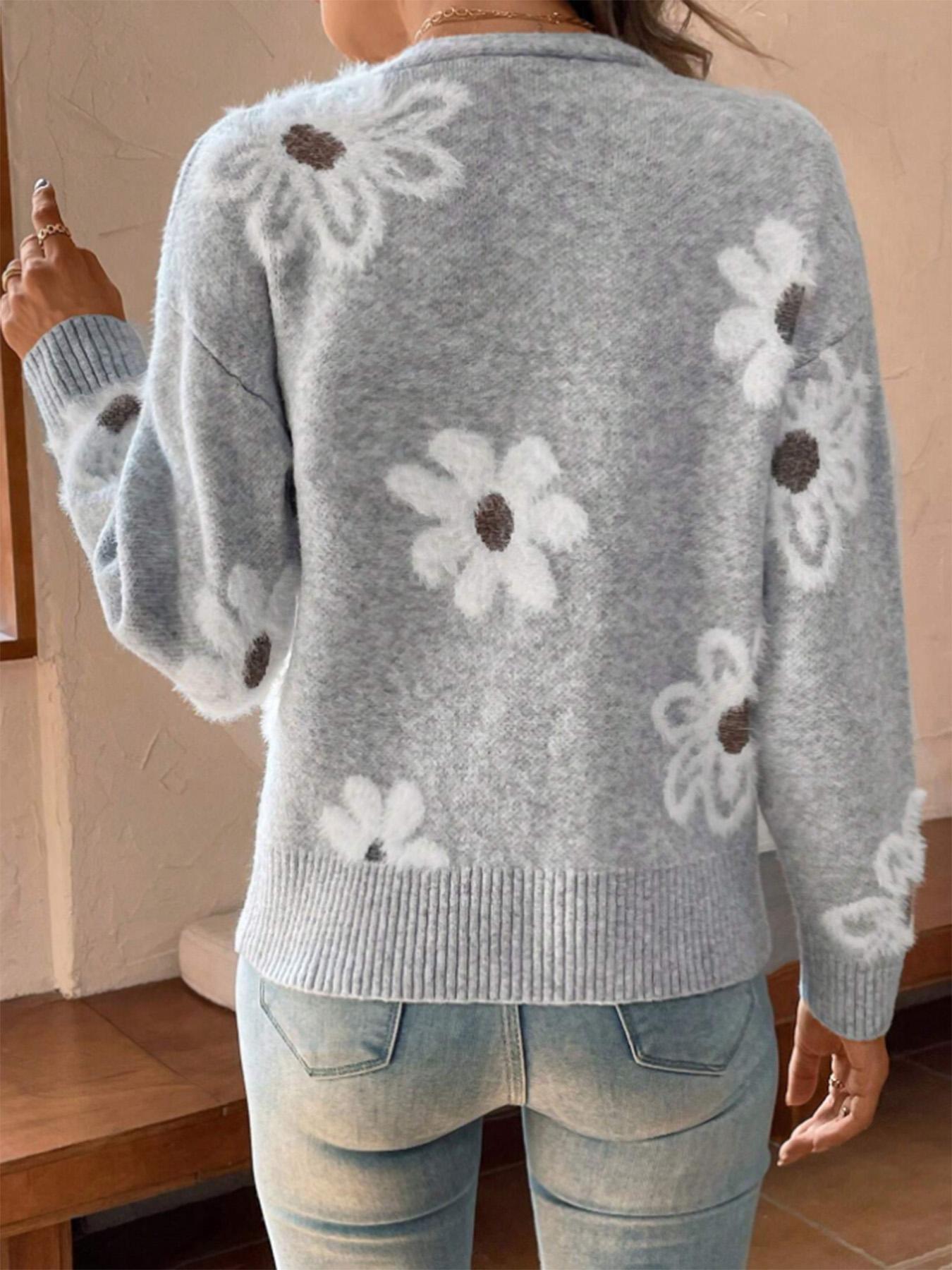 Plus Size Floral Print Button Front Cardigan, Casual Drop Shoulder  V Neck Knitwear for Fall & Winter, Women's Plus Clothing for Daily Wear Womenswear