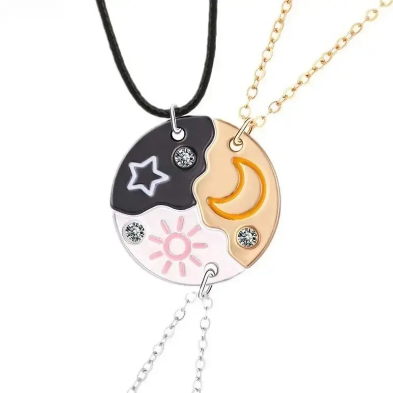 Set Of 3 Round Rhinestone Star Moon Sun Friendship Necklaces, BFF Matching Pendant For Best Friend Friendship Daily Wear Gifting