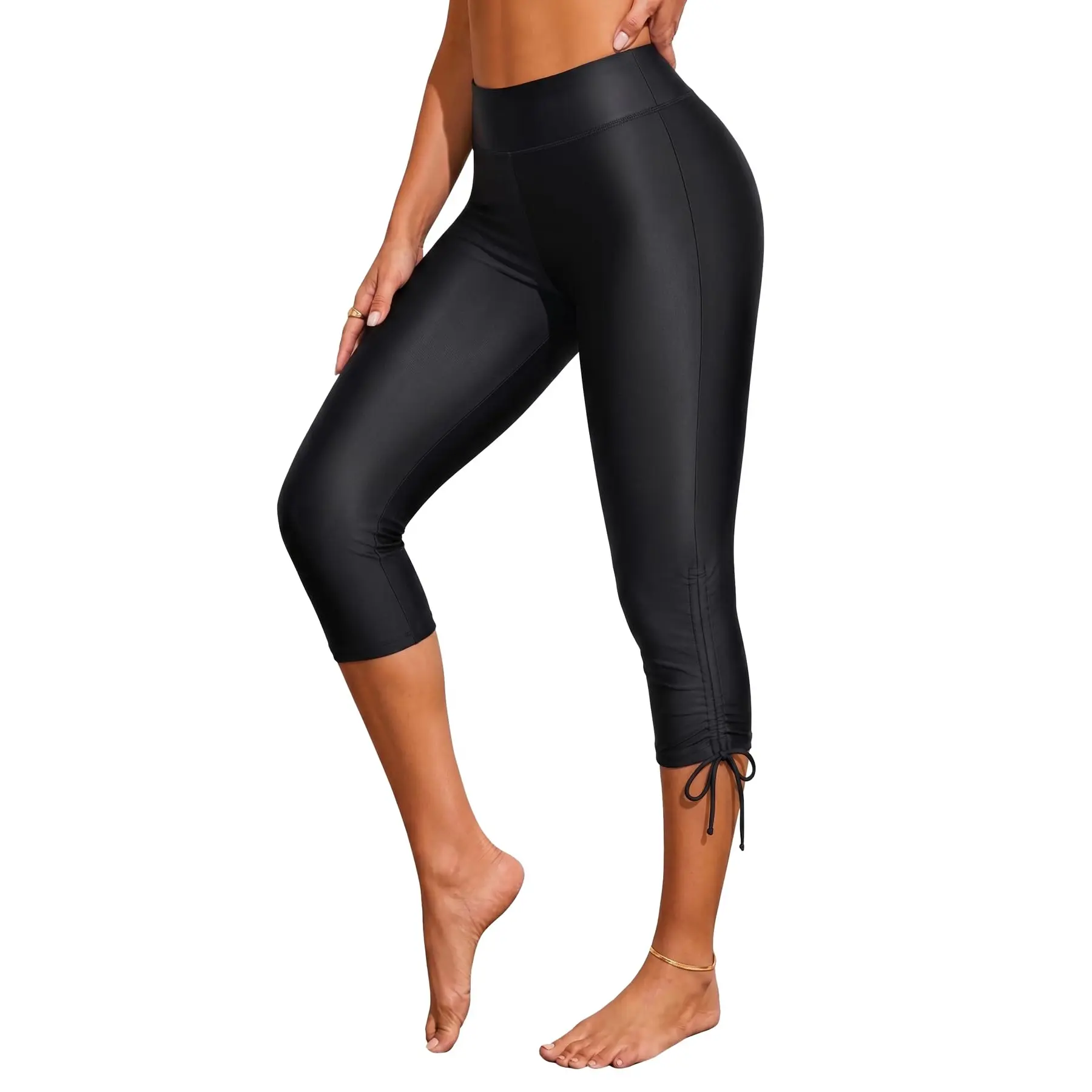 Holipick Womens Plus Size Swim Capris High Waisted Swim Pants Drawstring UPF50+ Long Swim Shorts