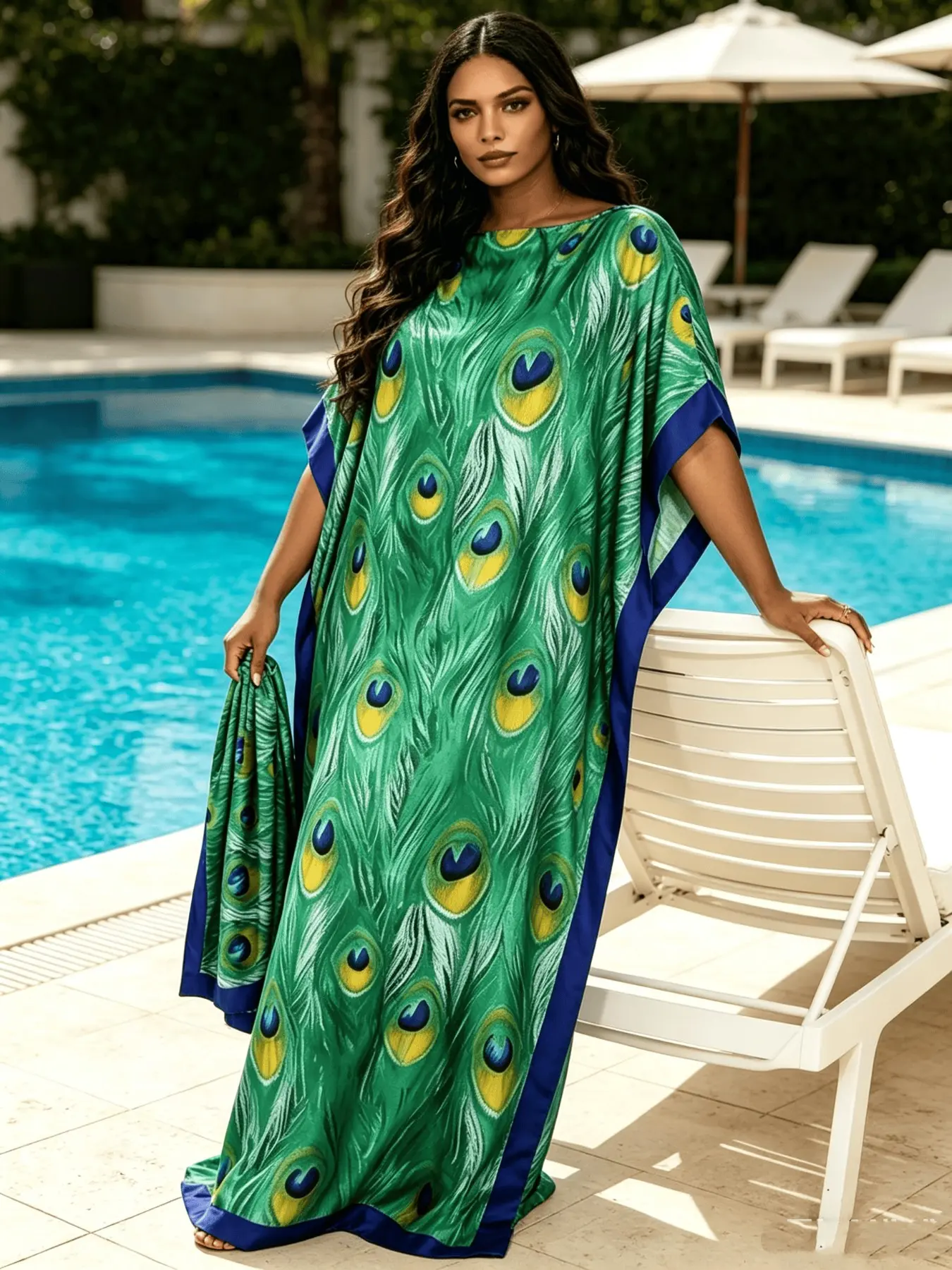 Emerald Green Peacock Feather Print Kaftan Batwing Maxi Dress With Matching Head Scarf, Silky Soft Loungewear Nightgown, Loose Beach Resort Cover Up Sleep Dress, Plus Size Friendly, Summer Casual Wear