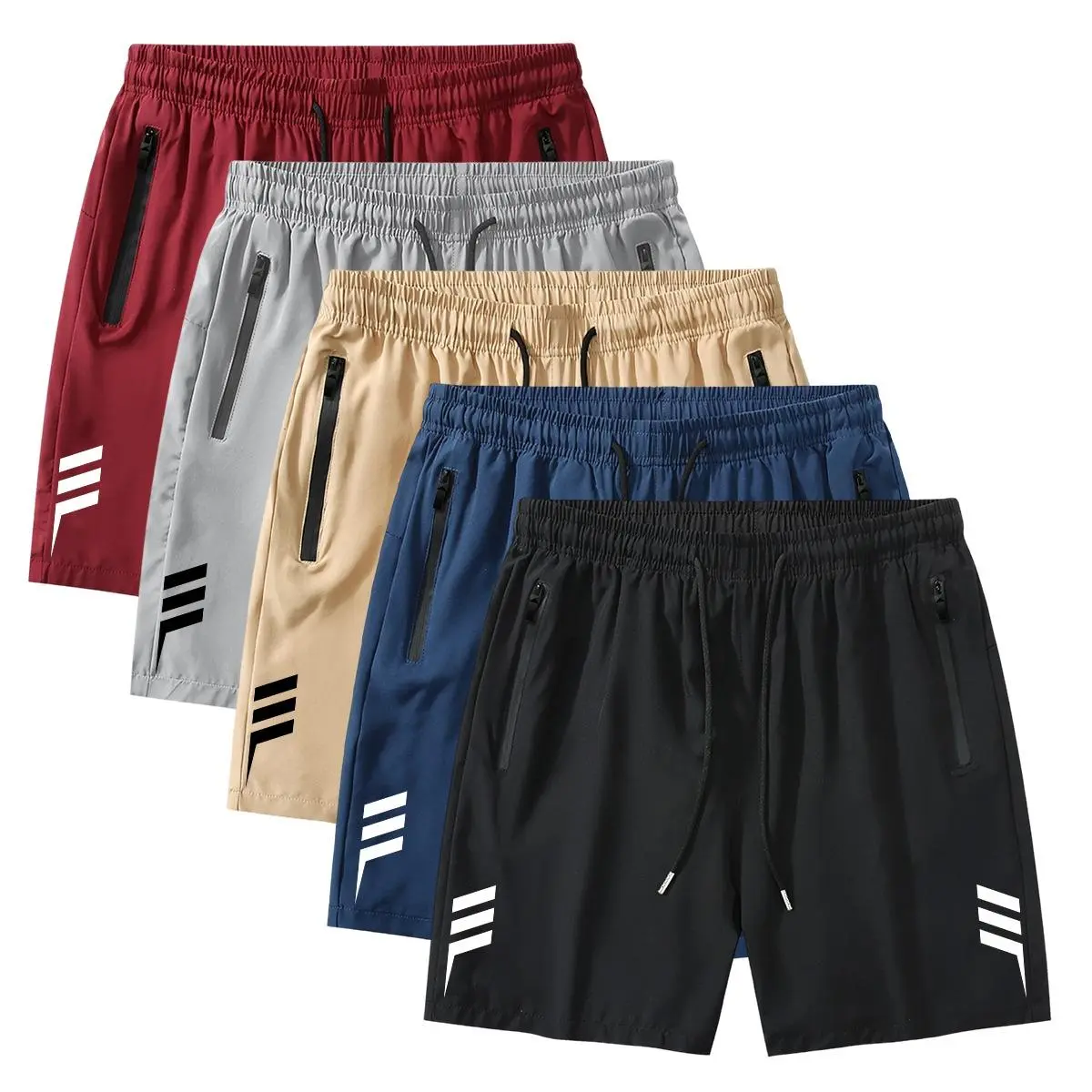 Men's 5-Pack Summer Solid Color Fitted Above-the-Knee Shorts - Adjustable Drawstring Waist, Zip Pockets, Printed, Regular Fit, Stylish, Casual Versatile for Daily Wear & Commuting
