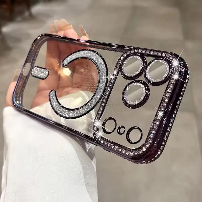 High-grade Glitter Rhinestones Phone Case For iPhone 17 16 15 11 12 13 14 Pro Max Plus Magsafe Magnetic Clear Lens Protect Cover