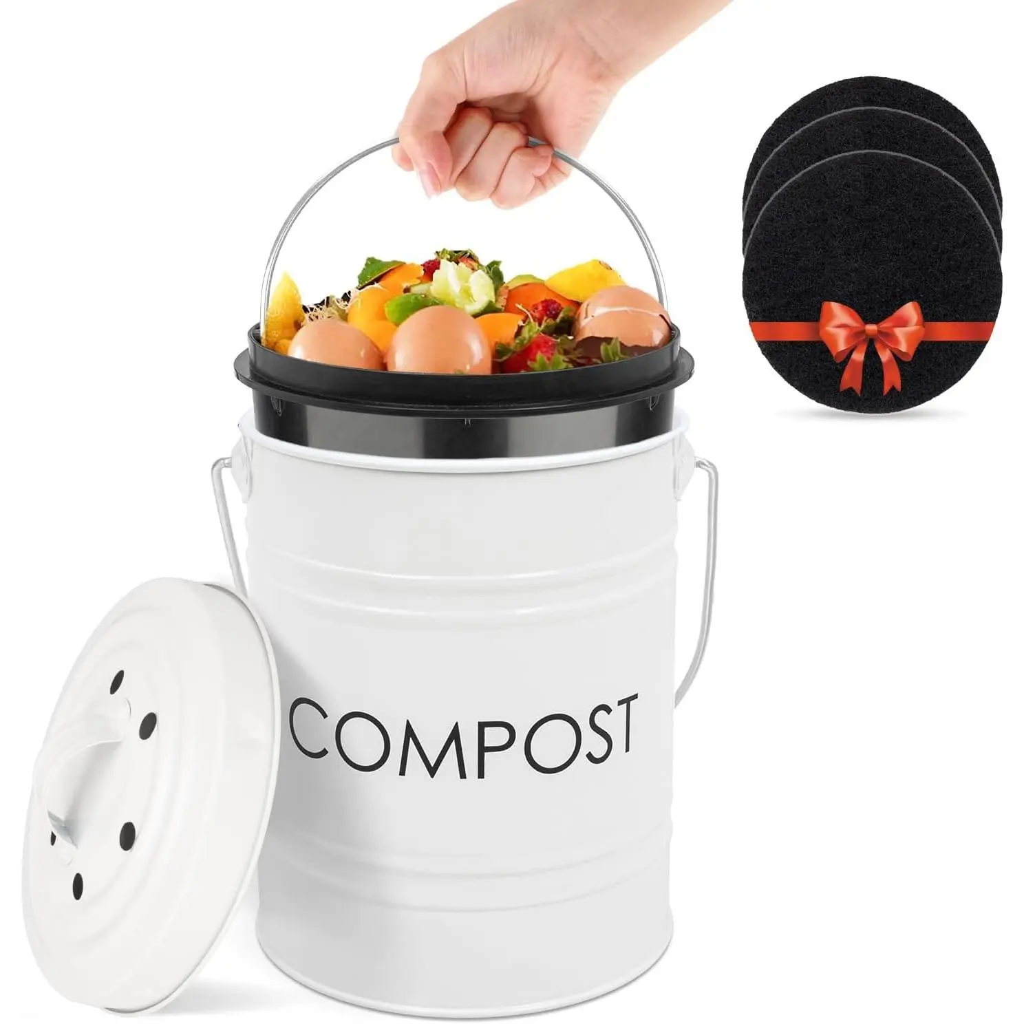 Compost Bin Kitchen Countertop Compost Bin with lid – Small Compost Bin Includes Inner Compost Bucket Liner & 3 Charcoal Filters, White