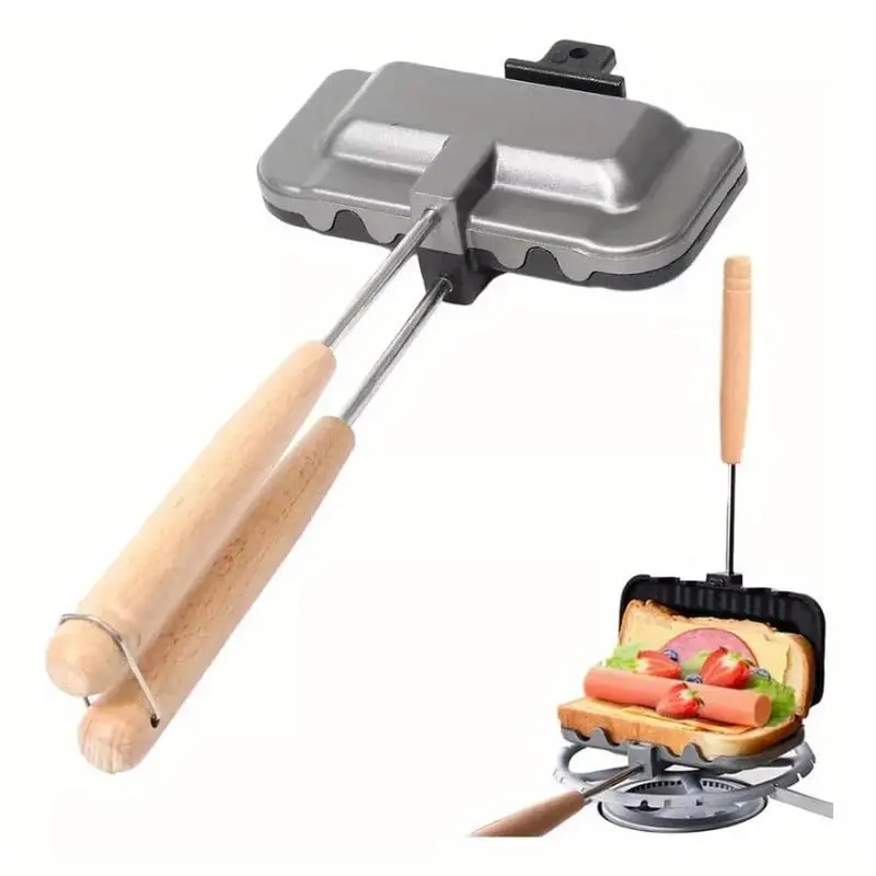 1 Pack Sandwich Pan with Detachable Handle, Double Sided Toast Grill Maker, Flipping Sandwich Toaster, Multifunctional Non Stick Pancake Griddle for Camping and Home Kitchen