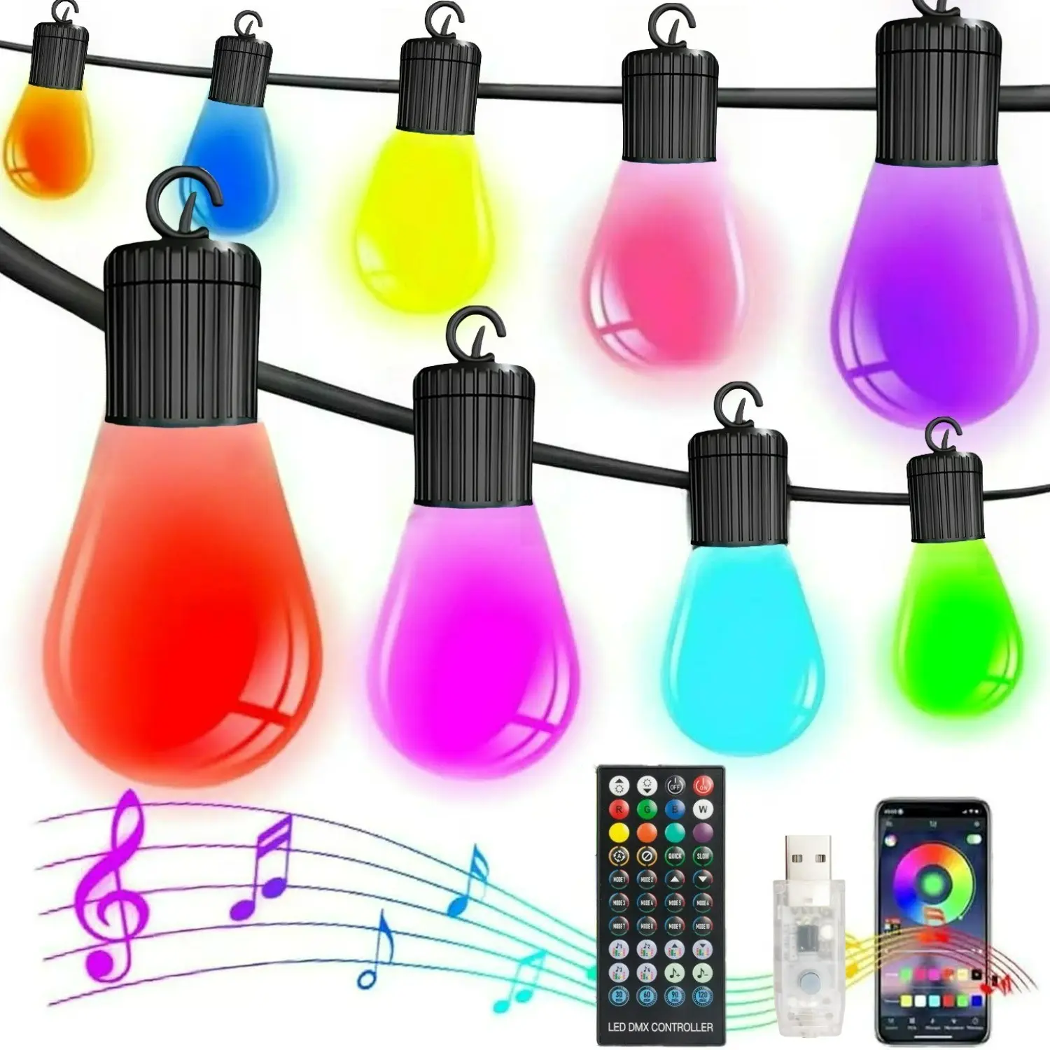 Outdoor String Lights 98.4FT, Outdoor Lights for Patio with 30 Dimmable RGBIC LED Bulbs, IP65 Waterproof Shatterproof, with APP Control & Remote, 210 Scene Modes Music Sync Color Change,for Backyard Decor