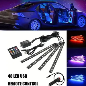 Four-In-One 48 LED Car Interior Light Strip, Remote Control, 8 Colors Adjustable, Music Sync, Dashboard Underlight Kit, 12V Car Lamp Set