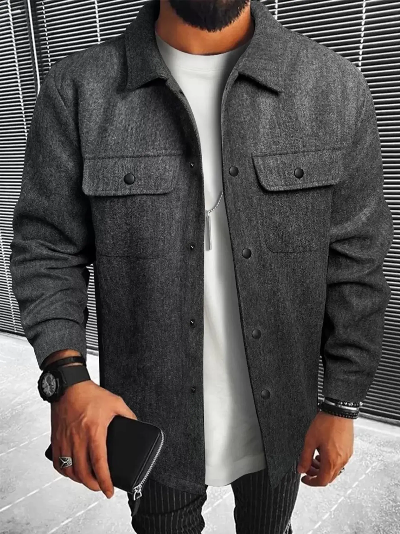 Men's Casual Woolen Long Sleeve Jacket, Pocket, Fashionable Outerwear, Versatile Design, Suitable for Leisure and Formal Occasions, Stylish Men's Coat