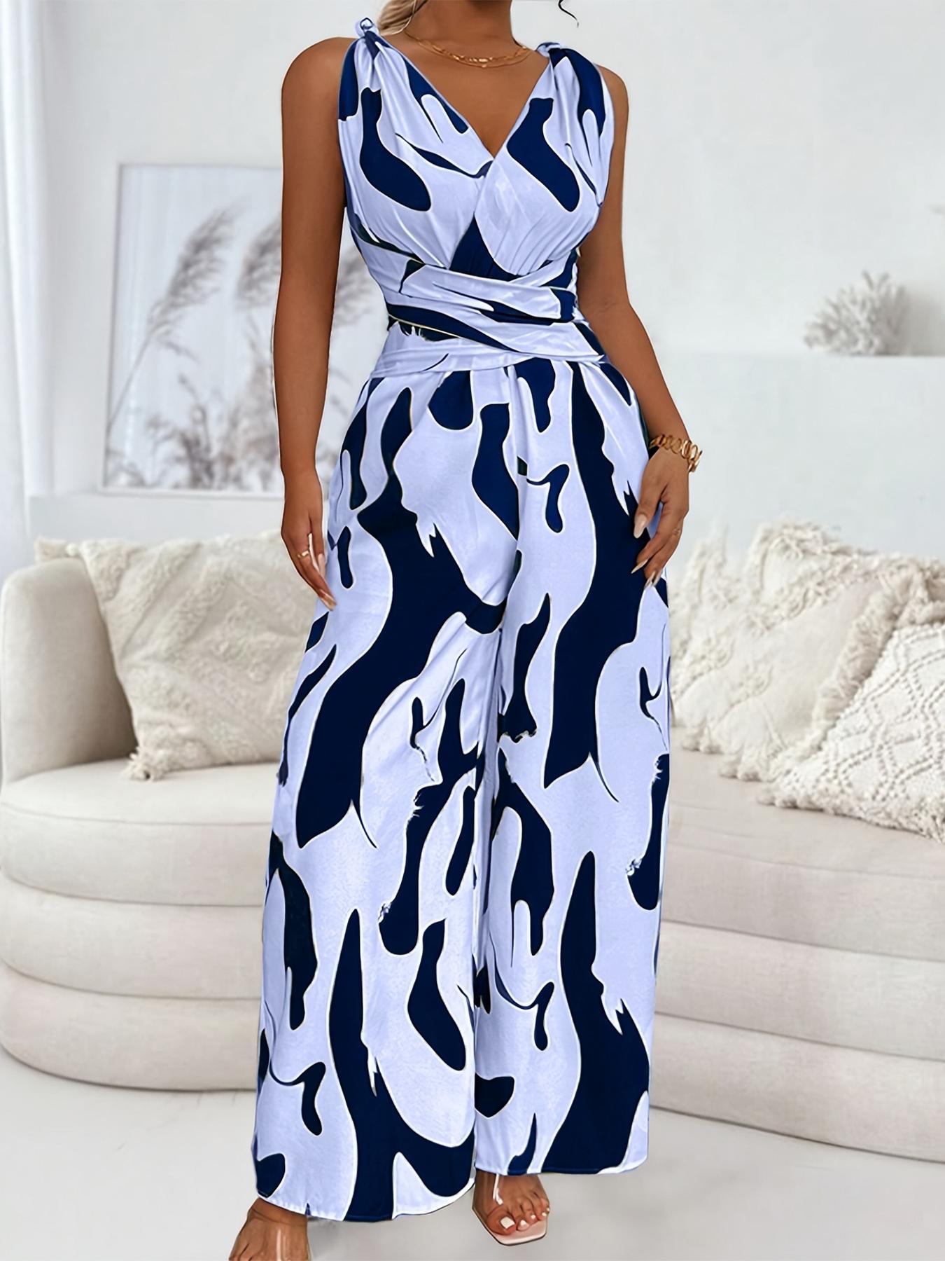 Women's Jumpsuit, Casual V Neck Sleeveless Tie Waist Jumpsuit for Summer, Fashion Lady Women's Clothing for Beach Holiday, Womenswear, Clothe, High Waist Jumpsuit, Casual Jumpsuits