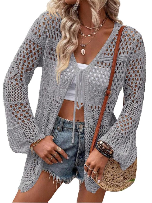 Women's Solid Color Hollow Out Tie Front Crochet Cardigan, Casual Long Sleeve Knitwear for Summer, Fashion Women's Knit Clothing for Daily Wear, Knitting, Summer Cardigan Women, Beach Cover Up, Lightweight Knit Top, Boho Crochet Sweater, Vacation Outfit