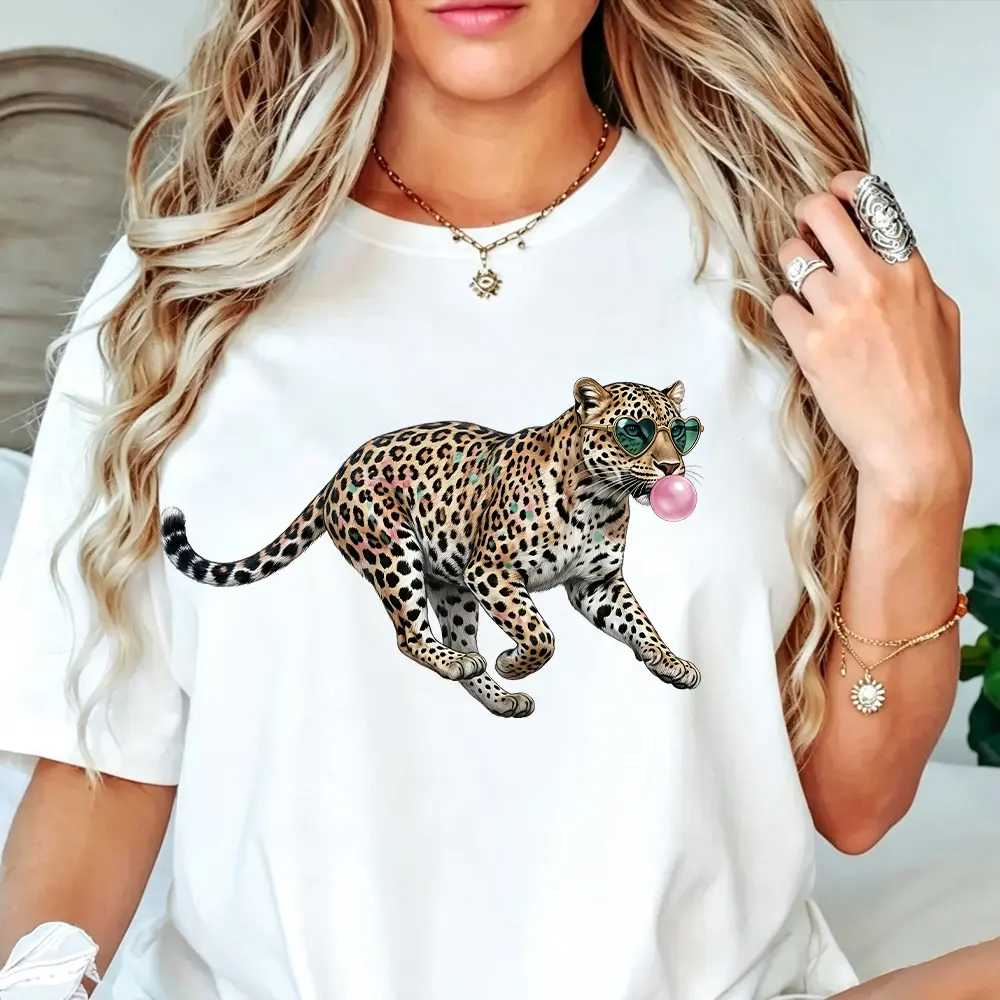 Cool Running Leopard Bubblegum Graphic T-Shirt - 100% Cotton Cheetah Sunglasses Print Tee Unisex Y2K Retro Streetwear Casual Shirt