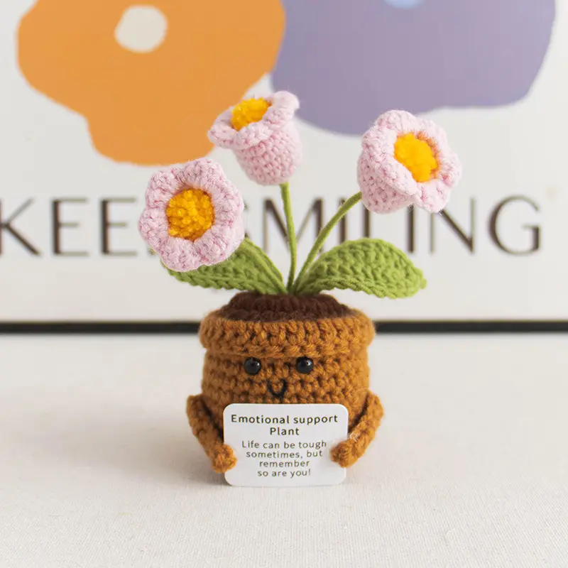 Handmade Crochet Flower Potted Plant Ornament Knitted Positive Emotional Support Crochet Tulip Thank You Gifts for Women  Artificial Flower Vase Decor Tulip Lily of the valley Flower Desk Tabletop Decorations Single Pack