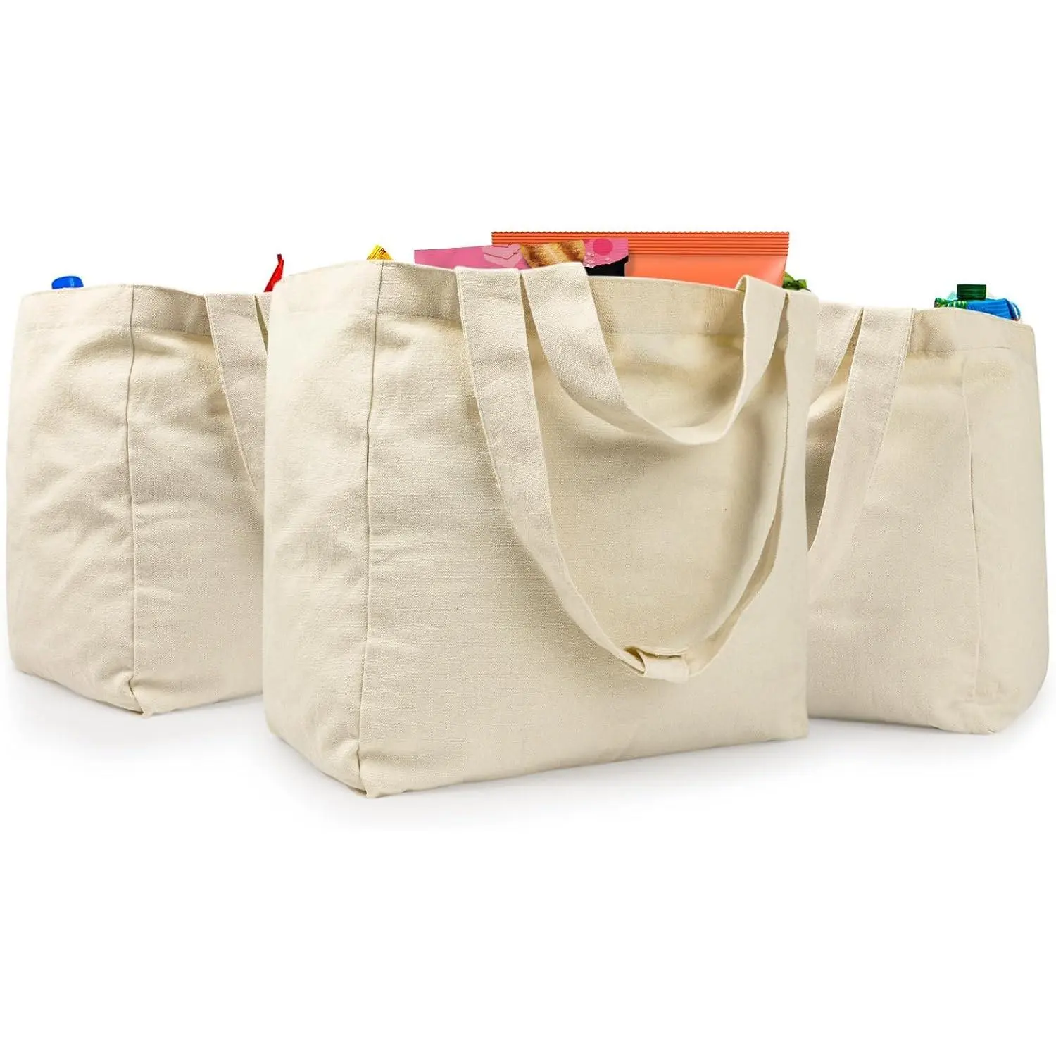 XL Size Reusable Canvas Grocery Carry Bags 3pc Set Pack | Heavy Duty, Machine Washable, Shrink Resistant, Water Resistant Bottom, 6 Inner Pockets, Foldable Dual Handles Home Organizer Storage Solution