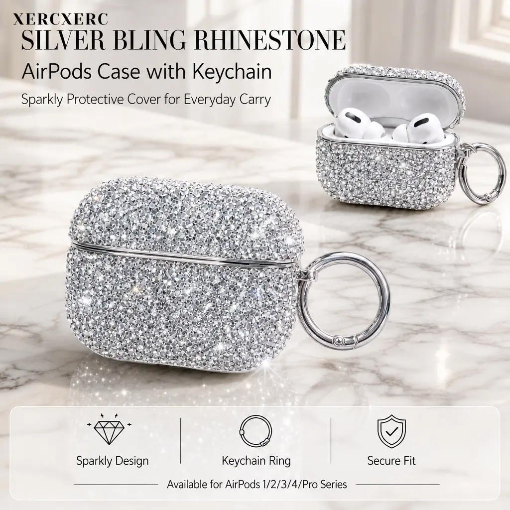 Silver Bling Rhinestone AirPods Case with Keychain