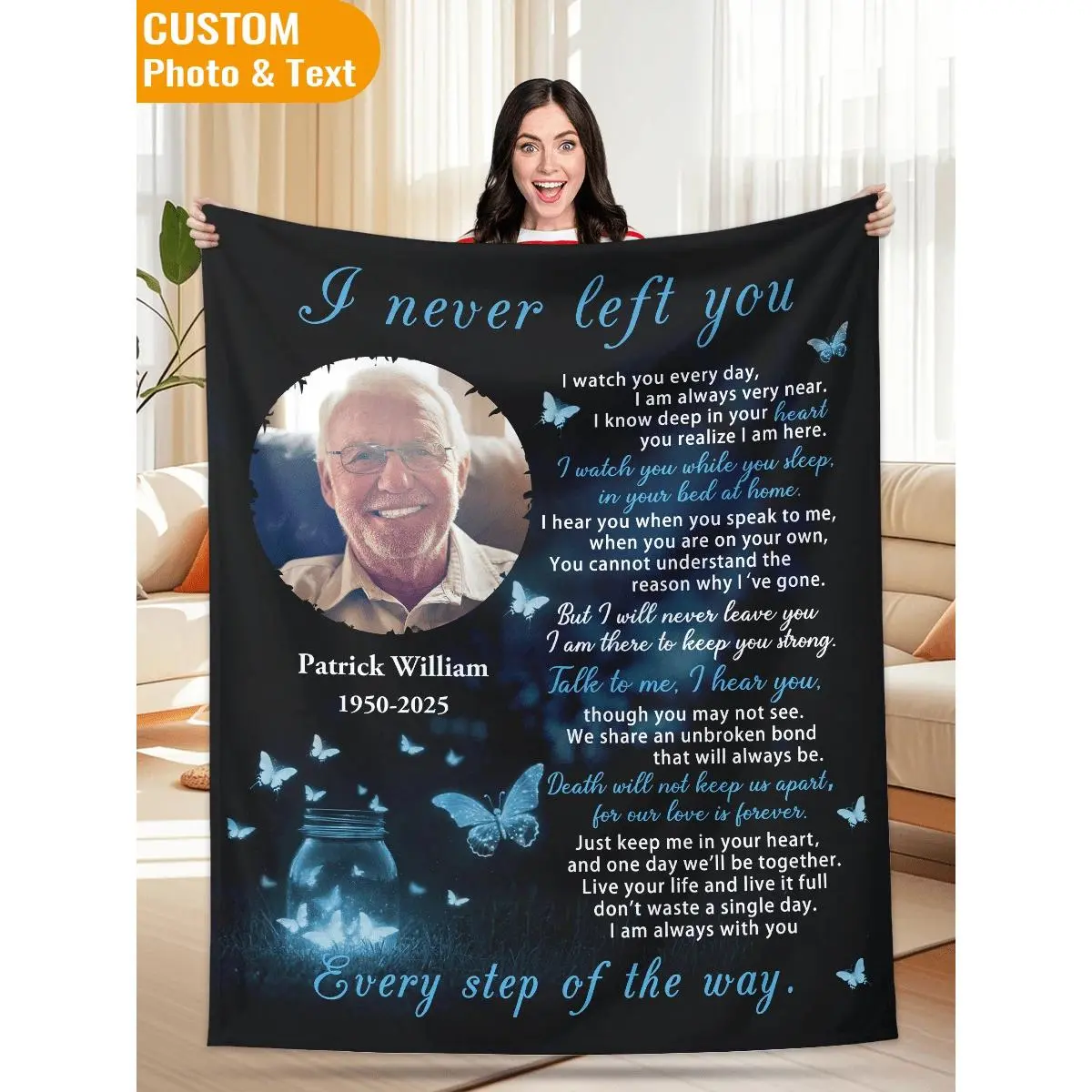 In Loving Memory Custom Photo Flannel Throw Blanket - Commemorative, Personalized Sympathy Gift with Name & Dates, Wrinkle-Resistant, Durable, Fade-Resistant, Machine-Washable, Soft Cozy Blanket for Grieving Family Members, Heartfelt Gift Blanket