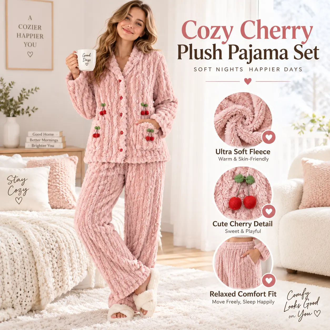 Women's Comfortable Ribbed Cozy Cherry Plush 2-Piece Pyjama Set, Fuzzy Fleece Longsleeve Button-Front Top & Elastic Waist Loose Pants, Cute Embroidered Warm Sleepwear for Fall Winter, Pink/Yellow, Gift for Her