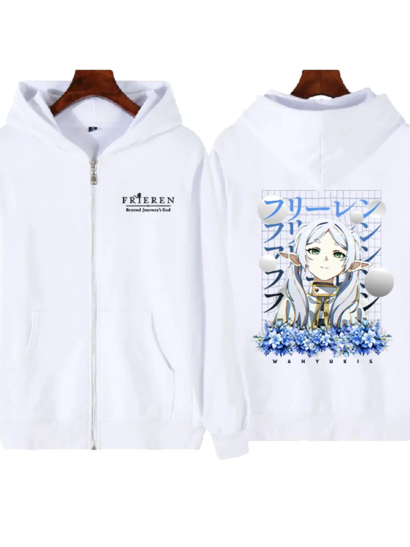 Frieren Japanese Text Blue Flower Zipper Open Front Jacket, Floral Print Loose Fit Hooded Sweatshirt, Unisex Long Sleeve Outerwear