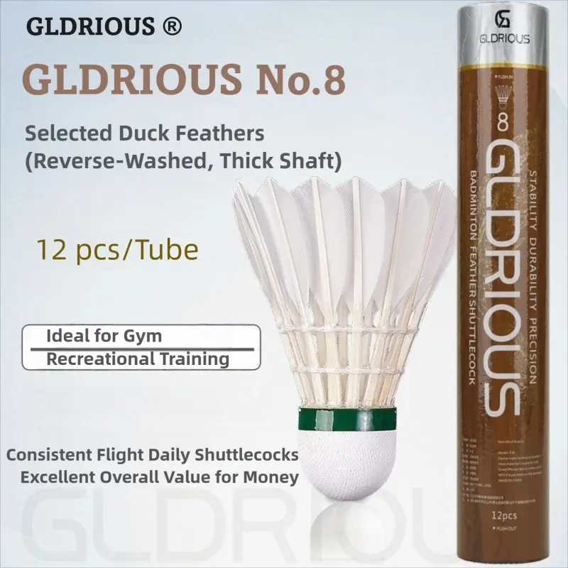 GLDRIOUS No.8 Badminton Shuttlecocks 12pcs - Selected Duck Feather, Stable Flight & Great Value for Recreational Training Cork Material Composite Cork