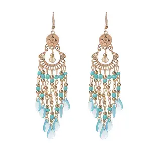 Ethnic Fringe Dangle Earrings Colorful Beaded Chandelier Style for Women’s Boho & Festival Fashion Turquoise & Gold Tone Drop Earrings for Beach Vacations & Festivals Long Fringe Drop Earrings for Bohemian Style, Parties & Vacation Wear