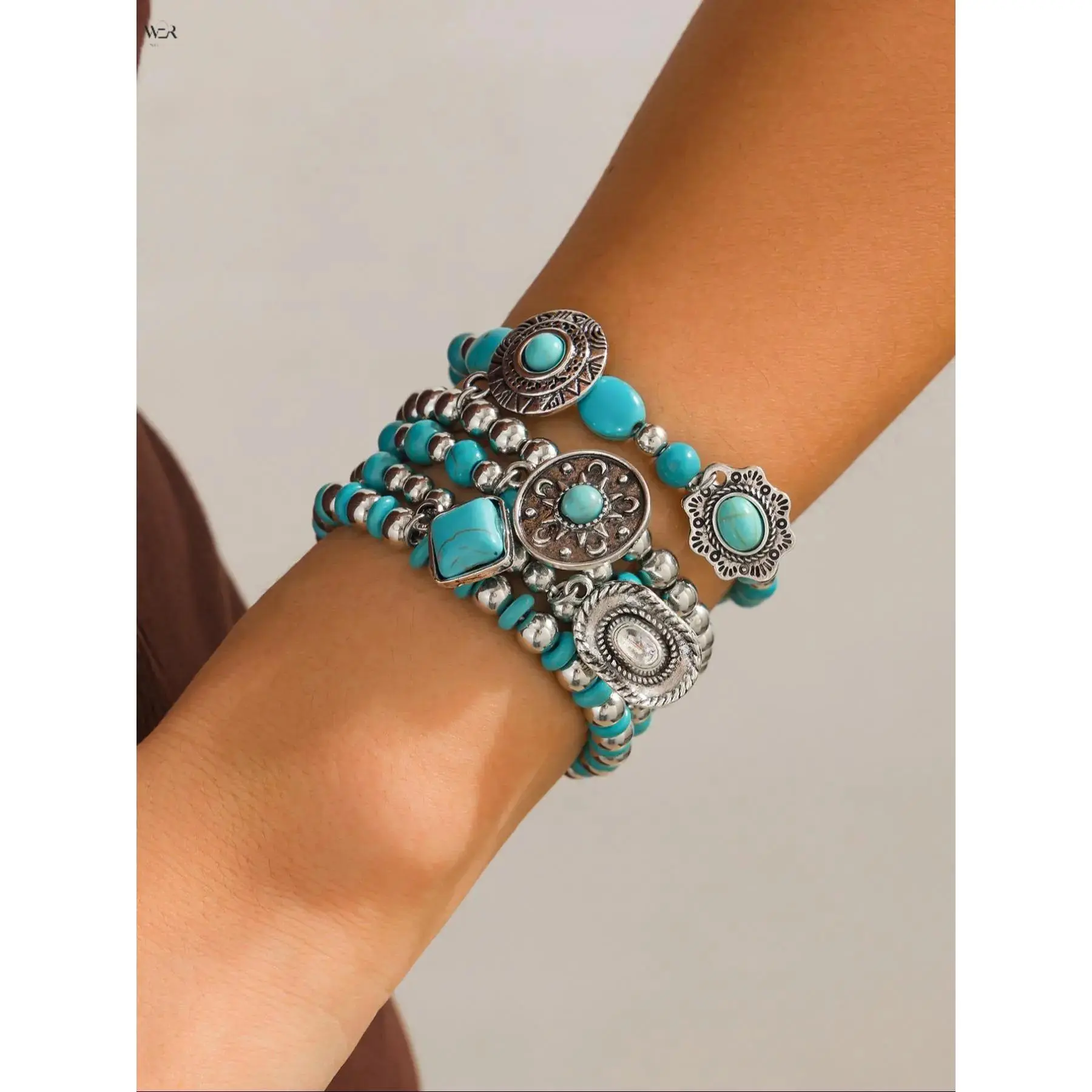 5 Pcs Bohemian Bracelets for Women, Stackable Stretch Turquoise Bangles with Antique Alloy Carved Charms, Bohemian Look, Stackable Strands, One Size Fit