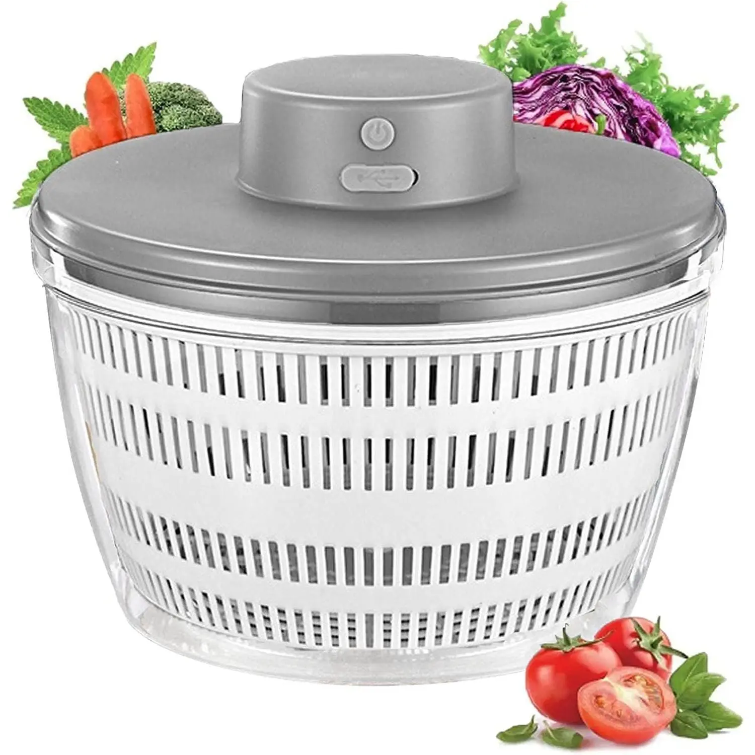 Electric Salad Spinner, 4L Wireless USB Salad Spinner Dehydrator for Fruit Vegetables, Large Capacity Salad Vegetable Dryer, Quick Drainage Electric Mixer White