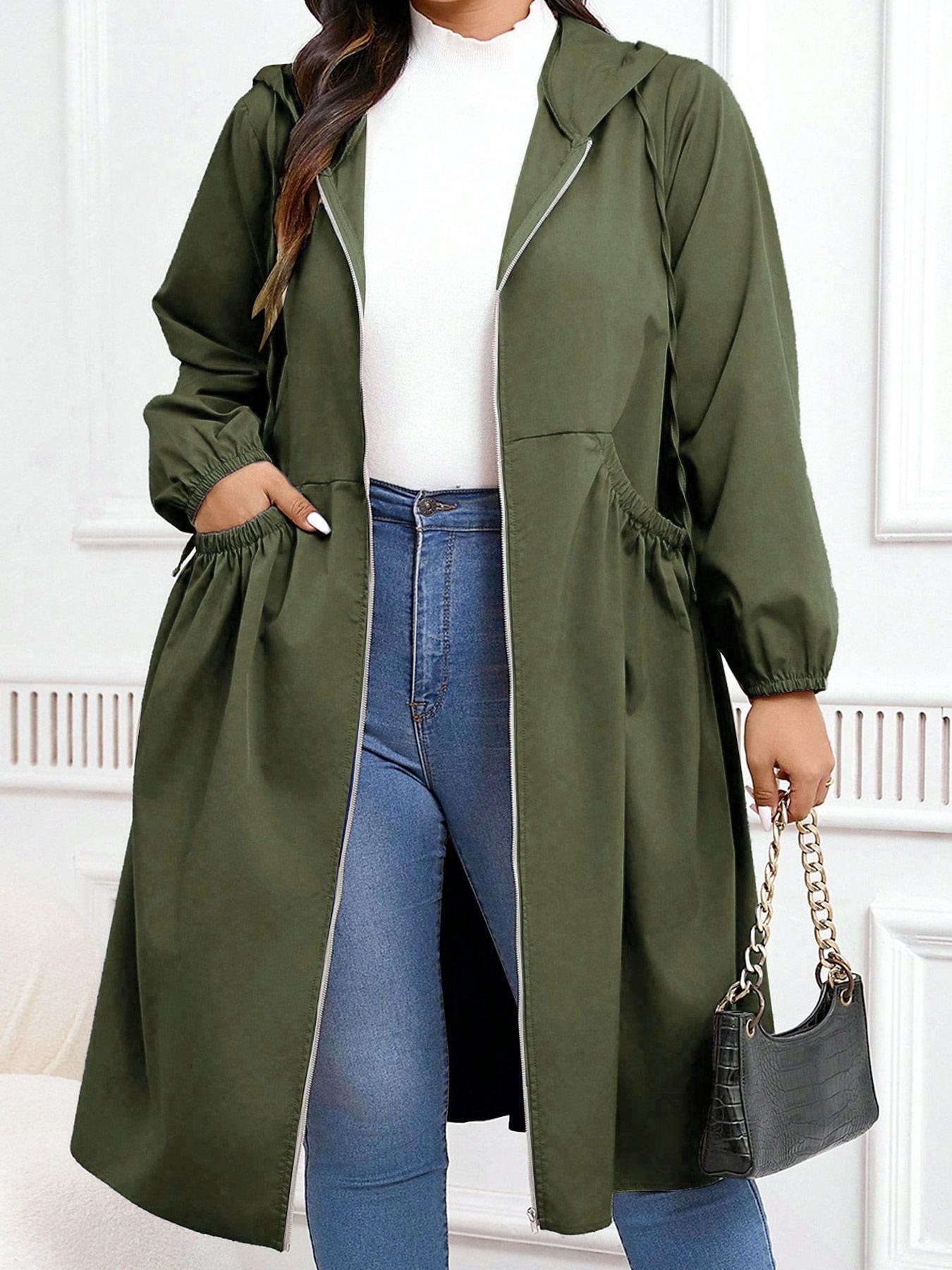 Plus Size Solid Drawstring Zip Up Hooded Coat, Casual Long Sleeve Pocket Outerwear for Fall & Winter, Women's Clothes for Daily Wear