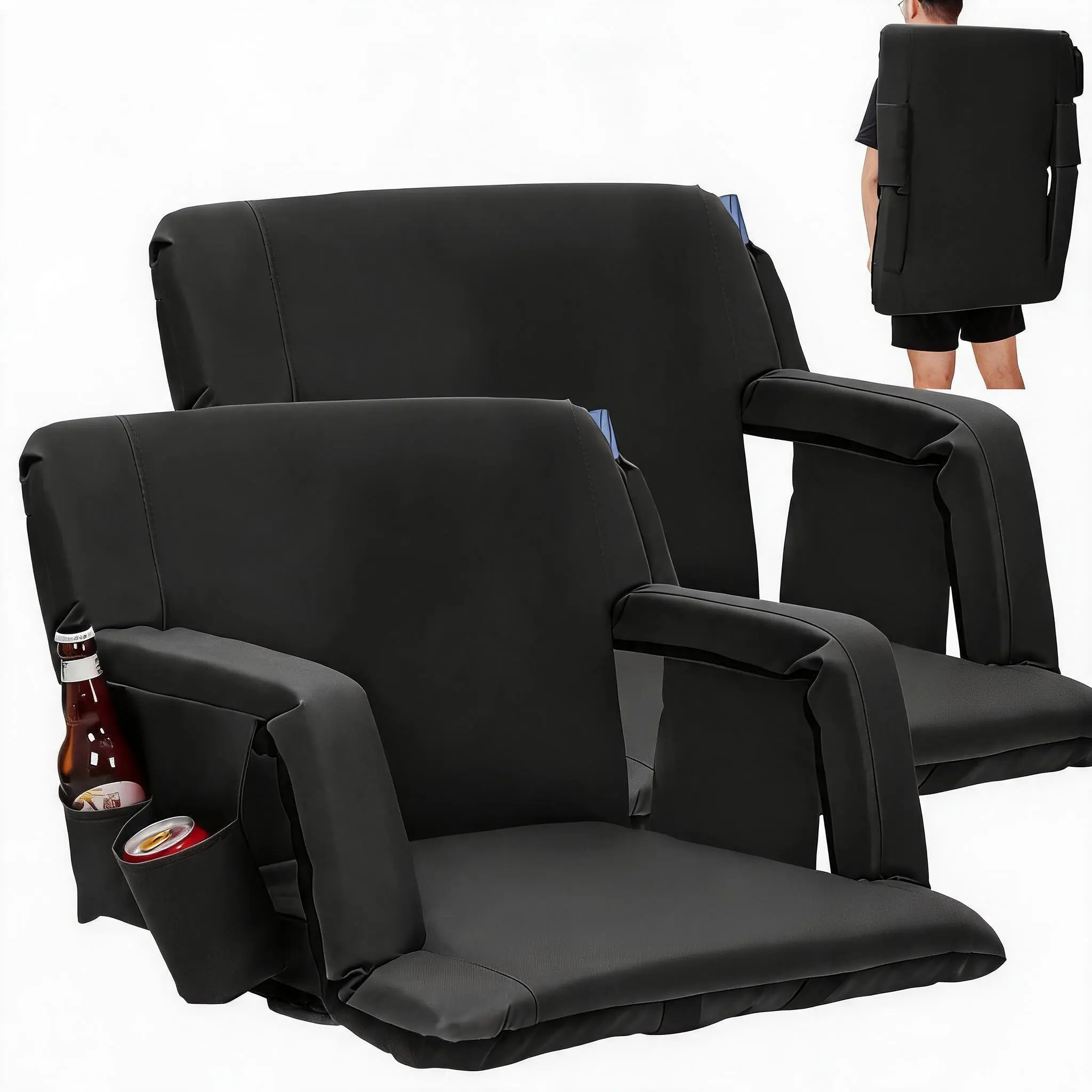 20 Inch Ergonomic Stadium Seat with Back Support – 6-Position Reclining Bleacher Chair, Padded Cushion, Armrests, Anti-Slip Base, Dual Cup Holders, Large Pockets – Portable Folding Chair for Outdoor Sports, Camping, Games, Black/Blue/Red/Black+Grey