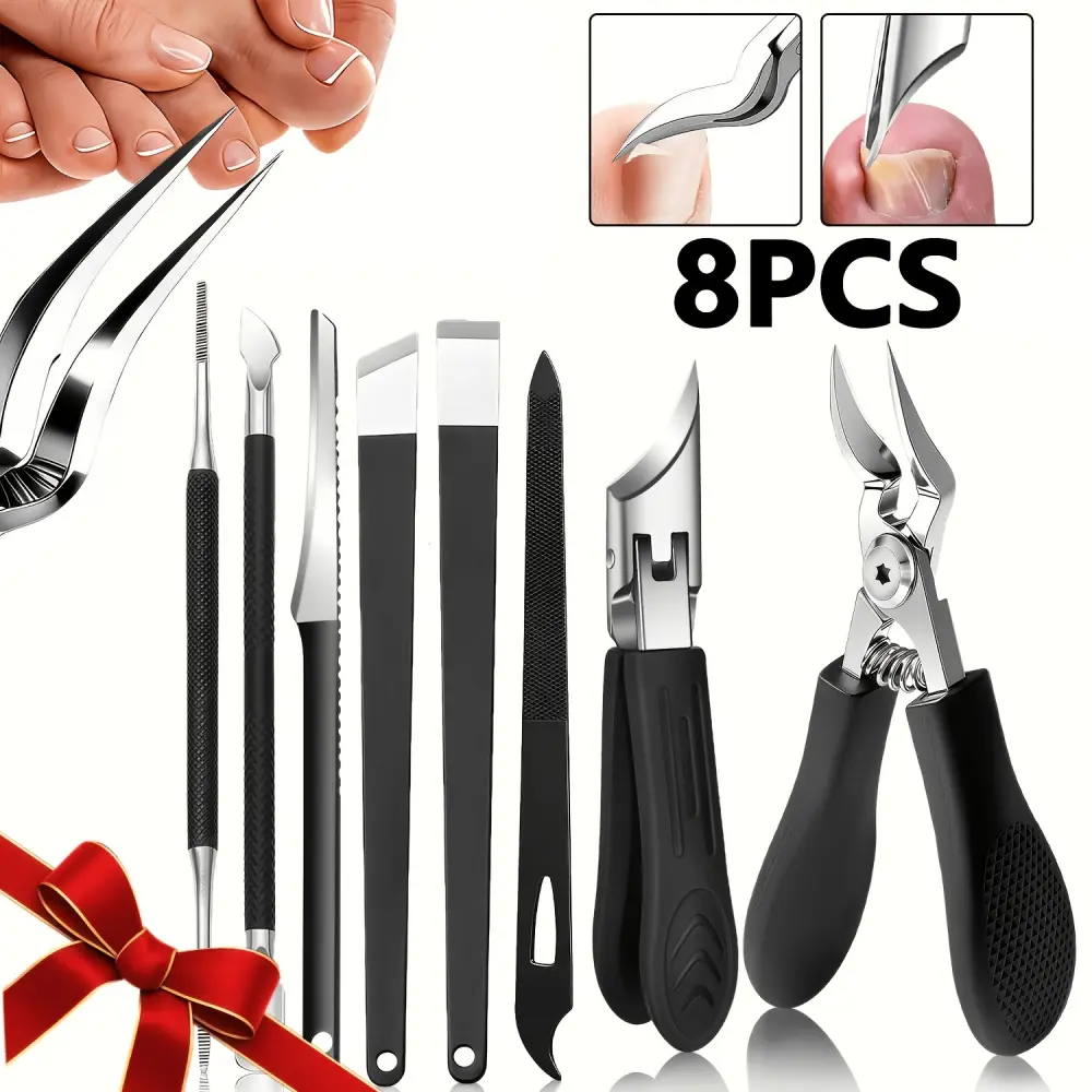 8PCS Professional Toenail Clippers Set for Thick Nails and Ingrown Toenails, Heavy Duty Stainless Steel Nail Care Kit with Angled Blade Clippers, Cuticle Tools and Nail File for Manicure and Pedicure, Men, Women and Seniors
