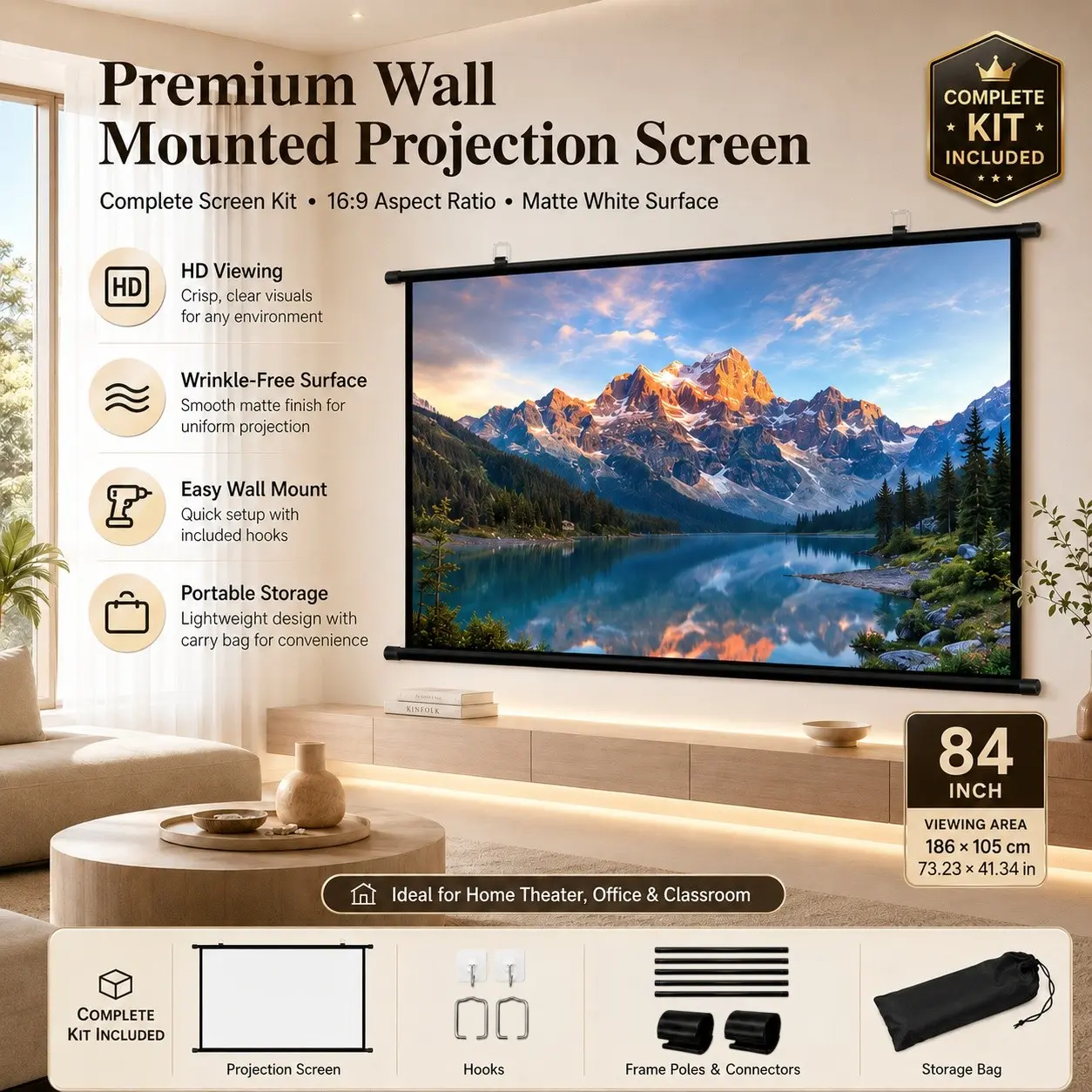 Upgrade Wall-Mounted Projection Screen 16:9 HD Cinema Screen, Includes Hooks, Stand, Storage Bag, Ideal for Home Theater, Bedroom, Office