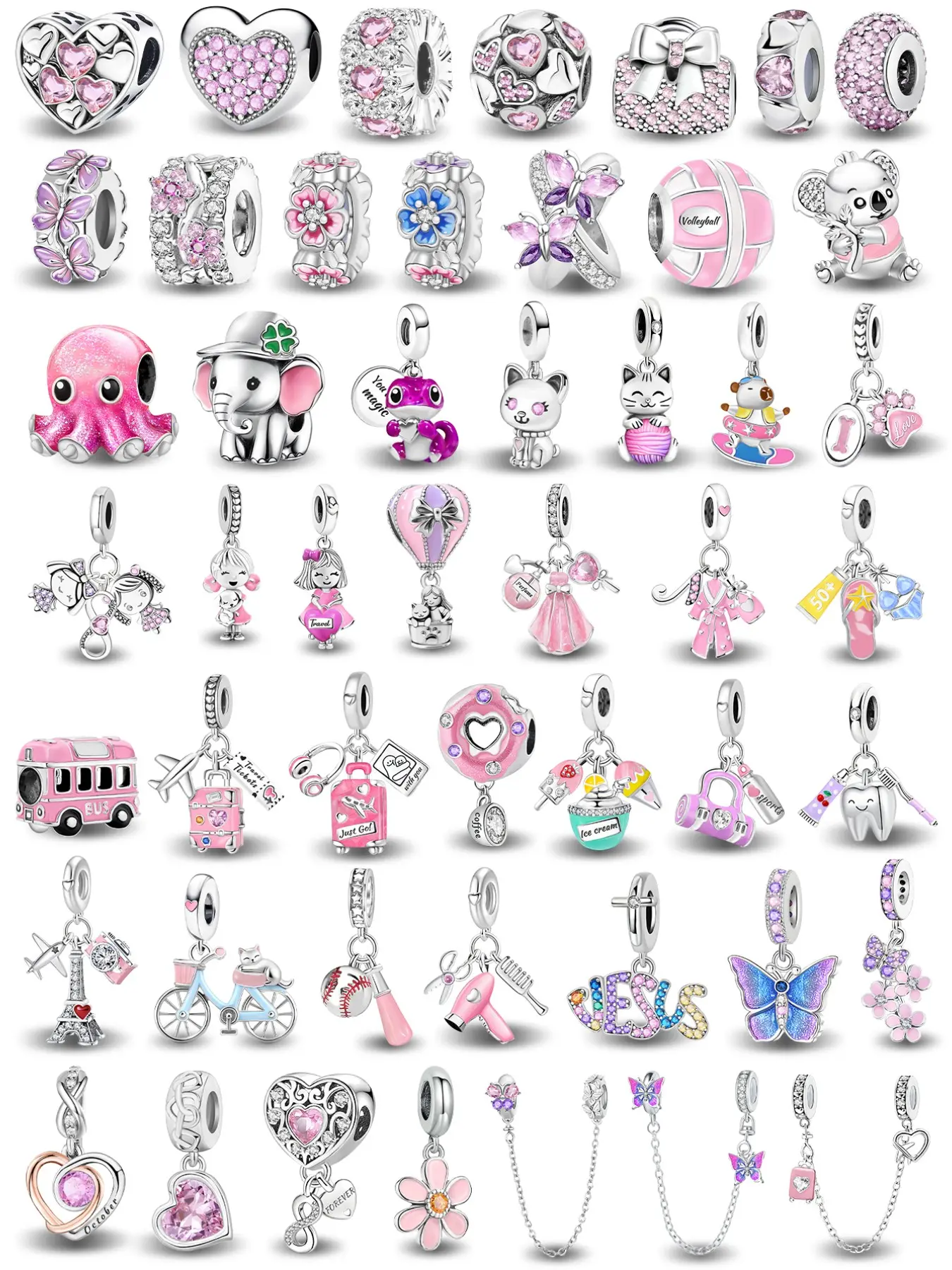 Cute Pink Tone Copper Plated Animal Doll and Butterfly Bead Charms with Sparkling CZ Accents Decorative Charm Lovely Charms for Daily Bracelet Stacking and Birthday Gifting Fashionable Charms