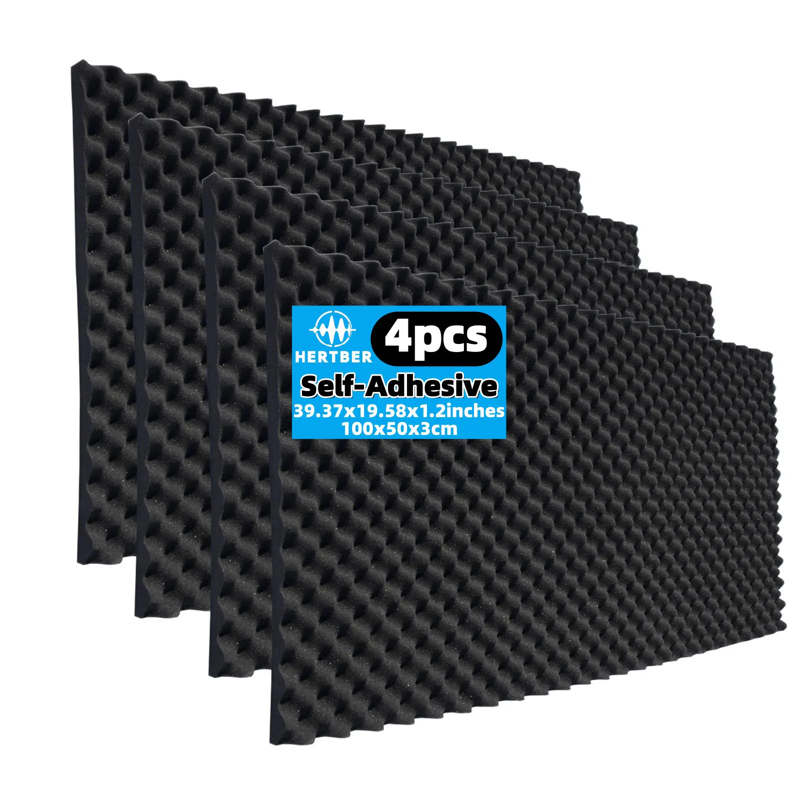 4-Pcs Upgraded Self-Adhesive High Rebound Large Size Sound-Absorbing Foam Board 100 * 50 * 3Cm Black Eggshell Sound-Absorbing Cotton, Sound Absorption And Noise Reduction Suitable For Instrument Recording Equipment Studio Game Room