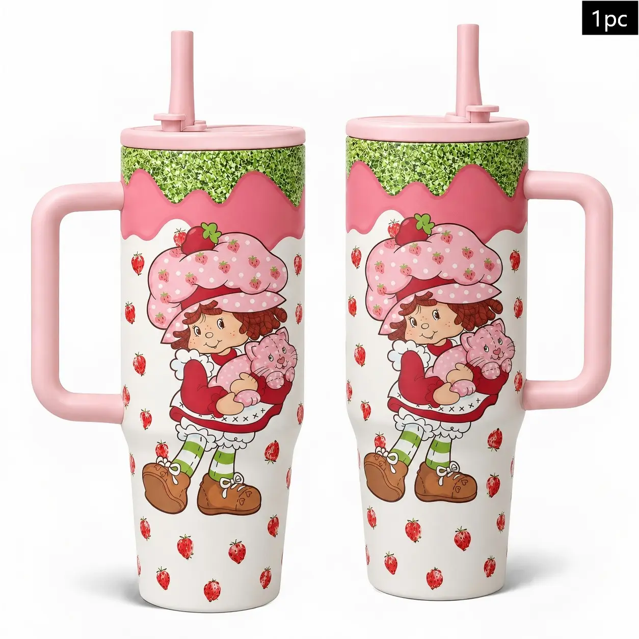 1PC 40oz Strawberry Girl Pink Cat Glitter Drip Pattern Insulated Tumbler with Handle & Straw, Leak-Proof Lid, Double Wall Vacuum Stainless Steel Travel Mug, Hot 12H Cold 24H, Large Capacity Cup for Men and Women, Birthday Gift