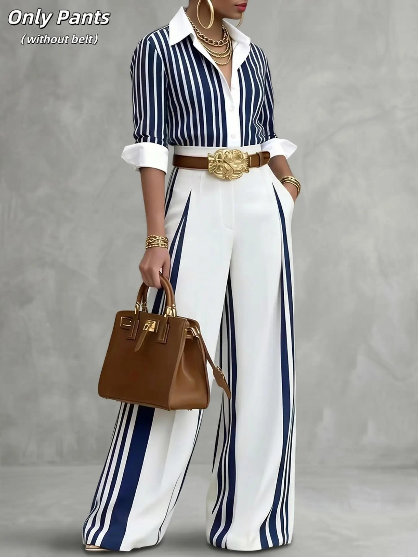 High-Waisted Colorblock Stripe Wide-Leg Trouser Pants, No Belt Included, with Pockets, Stylish and Comfortabe, Perfect for Daily Wear