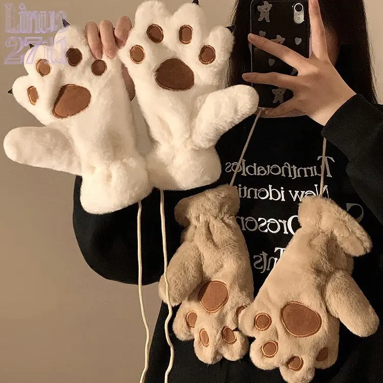 Kawaii Bear Cat Paw Plush Hanging Neck Mittens Women Thick Fleece Lined Windproof Cycling Thermal Winter Gloves