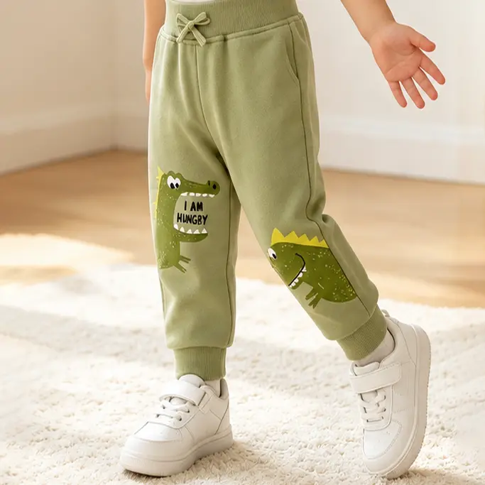 （Please Check Size Chart）Toddler Boys Dinosaur Graphic Jogger Pants, Olive Green Drawstring Sweatpants with Elastic Waist and Ribbed Cuffs, Soft Casual Bottoms for Playtime, School, Travel, Fall and Spring