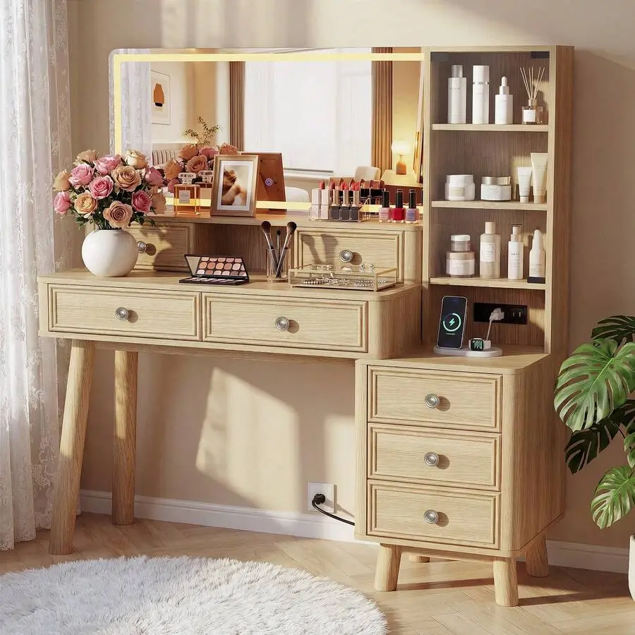 Makeup Vanity Desk With LED Lighted Mirror & Charging Station, 7 Drawers Vintage Dressing Table With Dust-Free Glass Storage Cabinet, 3 Color Dimmable Vanity Table With Solid Wood Legs Bedroom, Walnut/