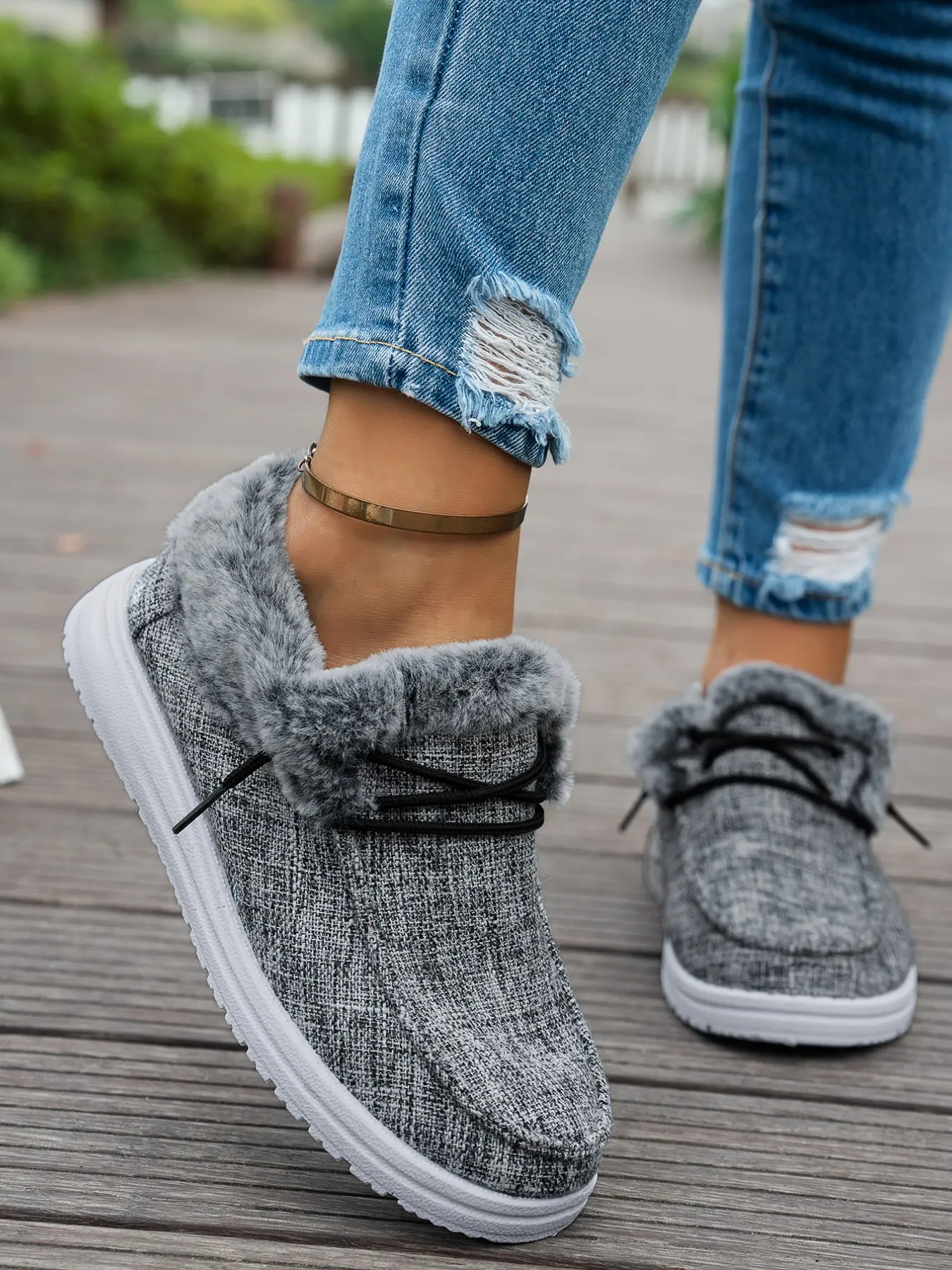 Women Daily Wear Winter Canvas Ankle Boots, Fluffy Cuff Slip On Platform Booties, Lace Up Non Slip Short Shoes for Outdoor Walking Shopping Driving