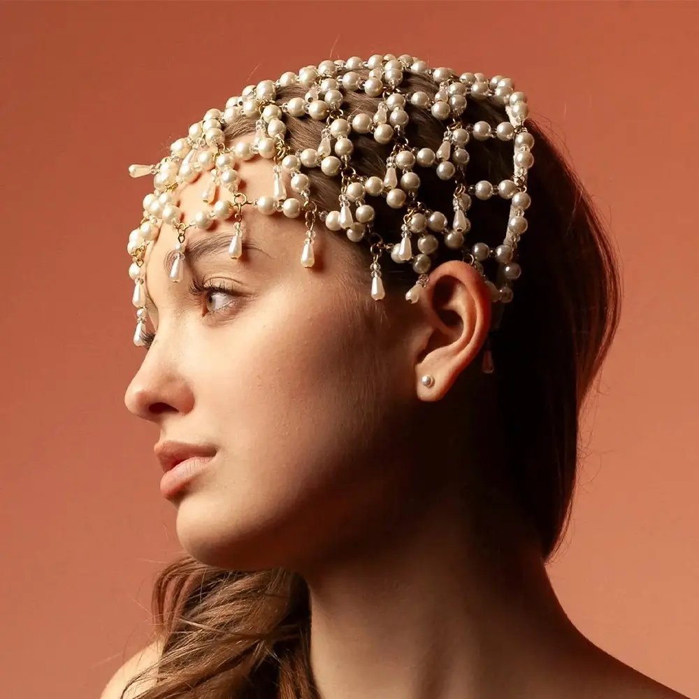 Vintage Pearl Headpiece for Women, Beaded Head Chain with Forehead Charm - Lightweight, Adjustable Fit for Wedding & Festival Wear, Stainless Steel, Water Drop, Beaded Strand, Lightweight Wear, Bridal Portraits, Fashion, Wedding Event, Renaissance Fairs,