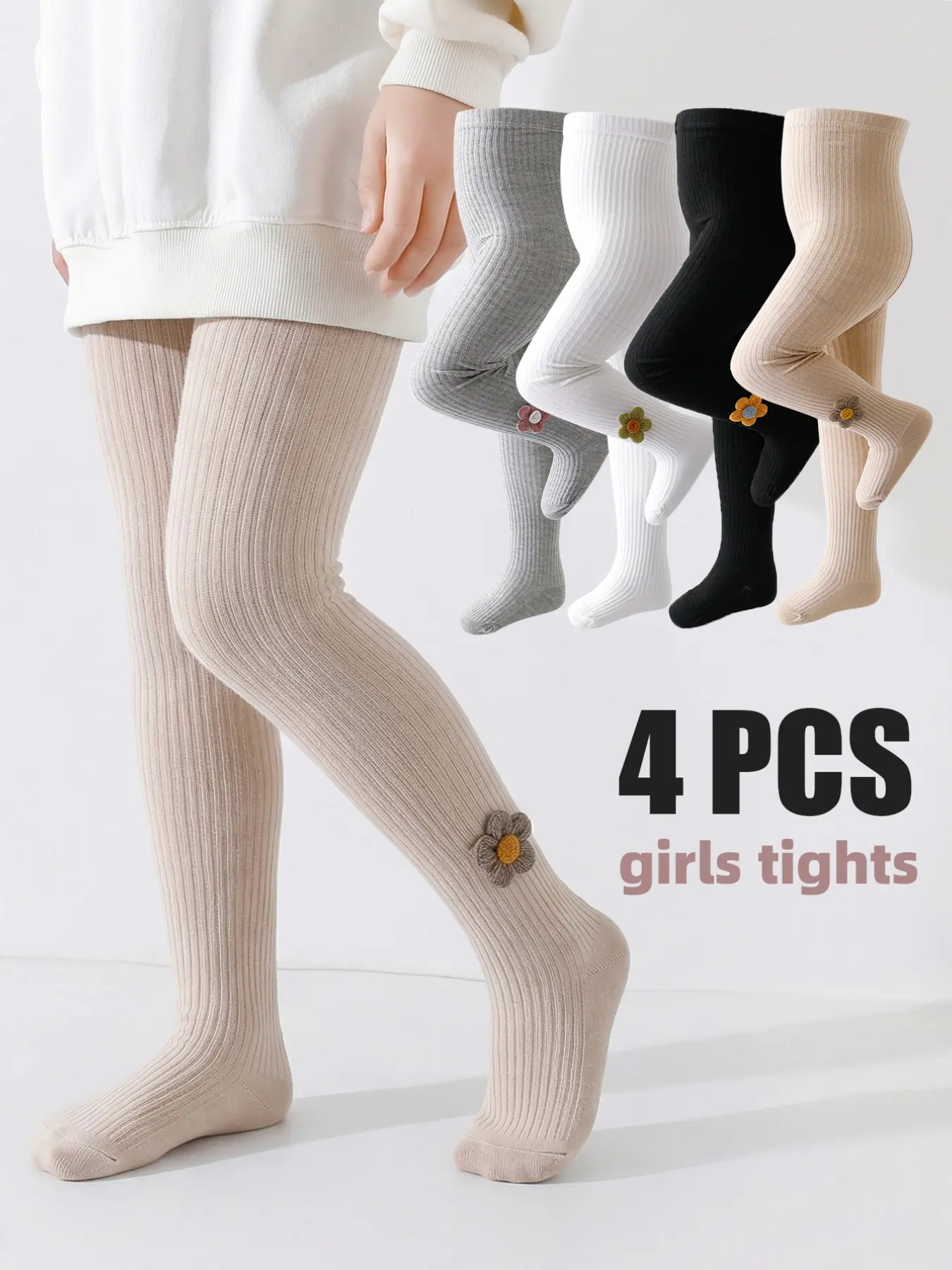 4 PCS baby toddler leggings Girl's Stretchy tights Children's Spring & Autumn Floral Solid Color Opaque Tights, Toddler newborn Stirrup Pantyhose