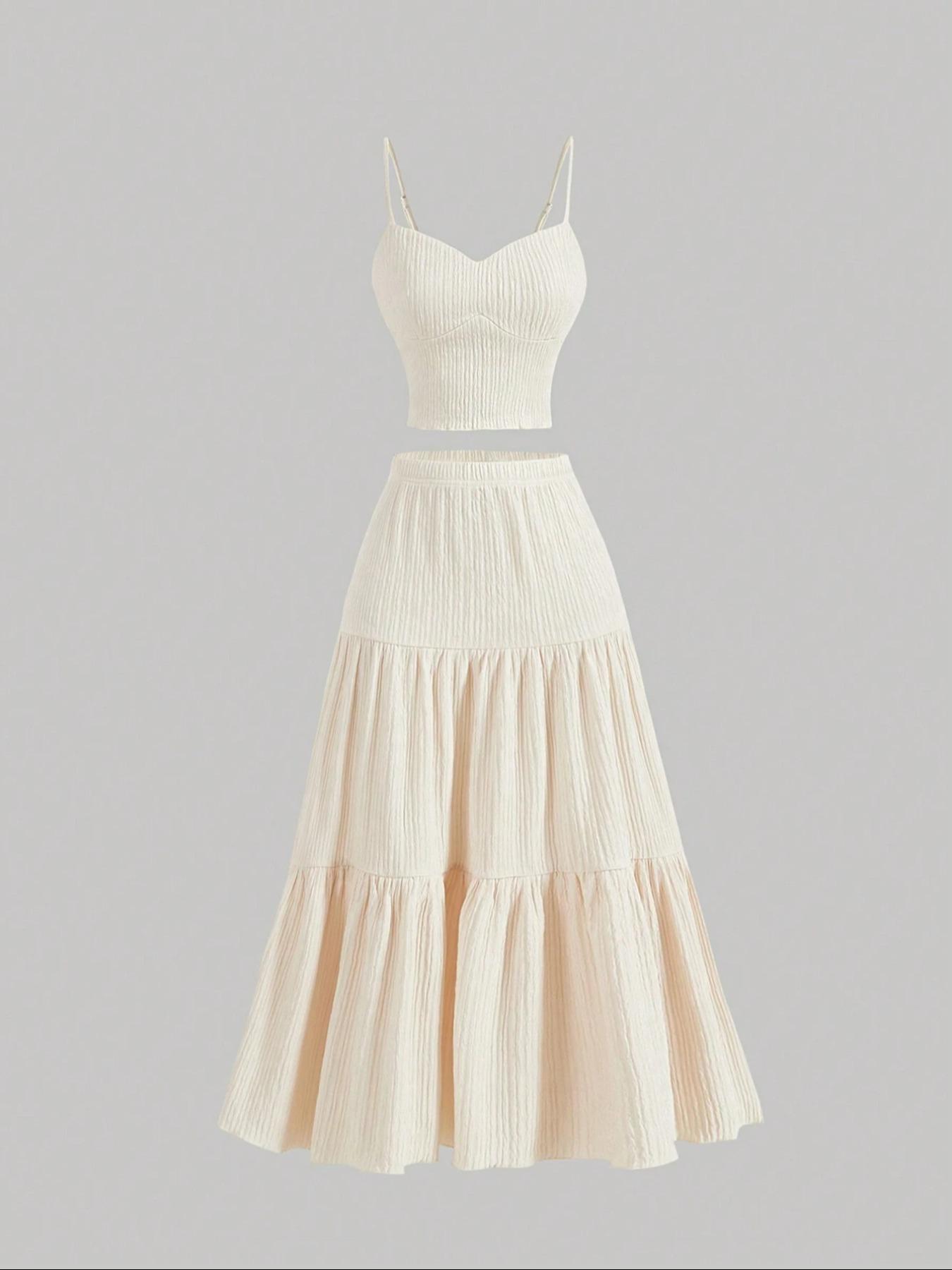 Women's Solid Woven Crop Cami Top & A-line Skirt Two-piece Set Womenswear, Casual Fashion Cozy Two Piece Outfits for Daily Outdoor Wear, Ladies Clothes for Summer Women's Solid Woven Crop Cami Top & A-line Skirt Two-piece Set Womenswear, Casual Fashion Cozy Two Piece Outfits for Daily Outdoor Wear, Ladies Clothes for Summer