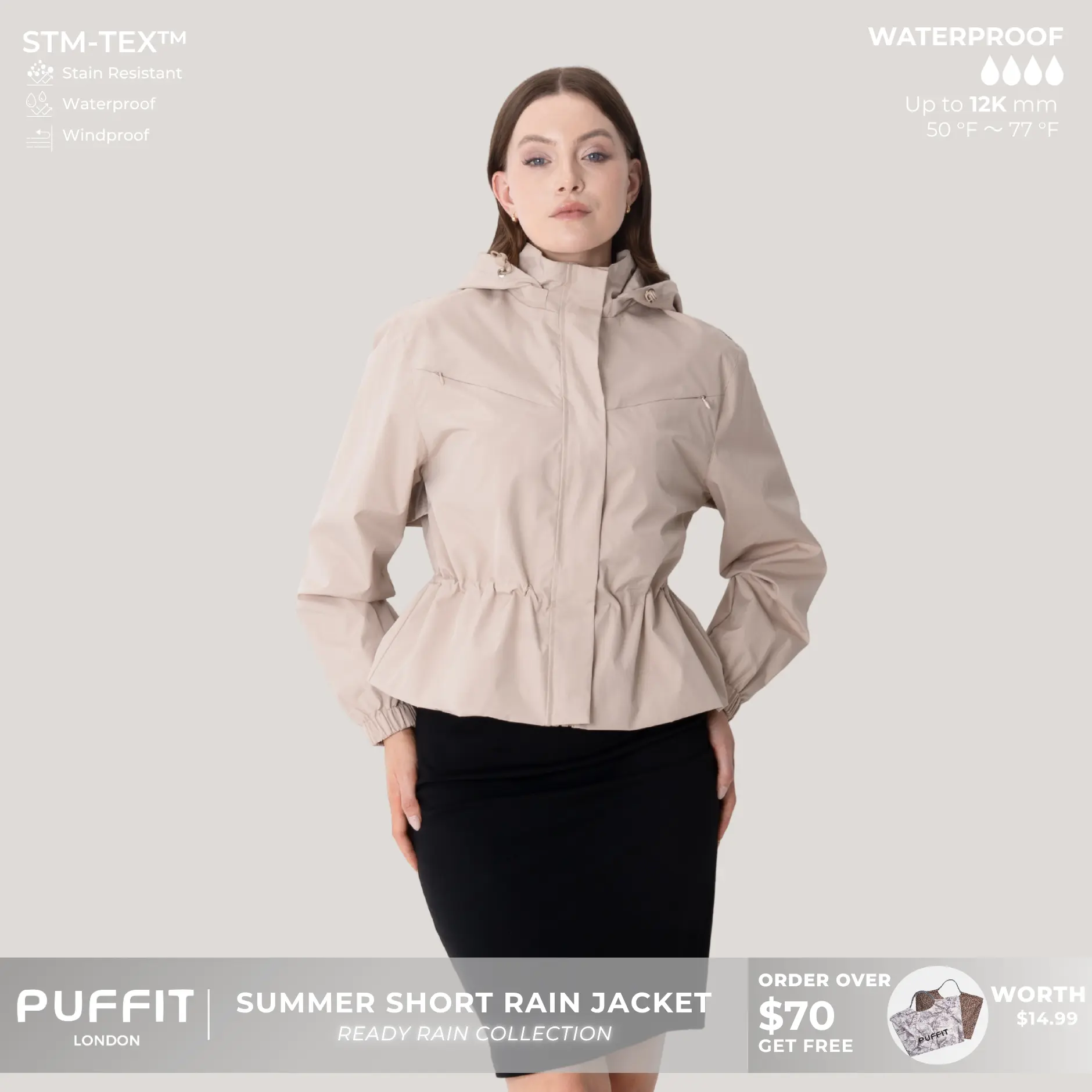 PUFFIT STM-TEX Elevated Short Detachable-hood Rain Jacket With Drawstring Waist,,Breathable Eyelets & Multi-Pocket Design,Waterproof,Stain-Resistant,Windproof,Outerwear,Jacket,Spring,Outdoor,Sport,Dog Walking,Windbreaker,Womenswear