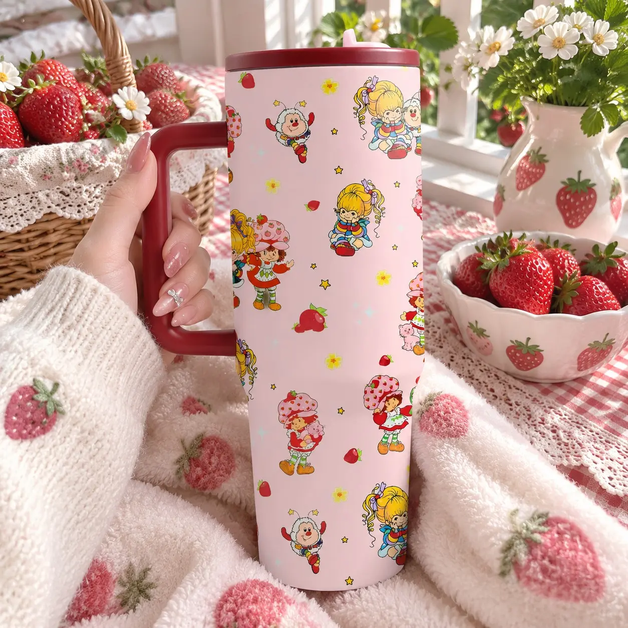 1 Pc 40oz Strawberry Shortcake Insulated Tumbler with Handle, Traveler Tumbler, Travel Coffee Cup, Double Wall Vacuum Stainless Steel Water Bottle, Keeps Drinks Cold & Hot, Cup Holder Friendly, Reusable Mug for Travel, Daily Use